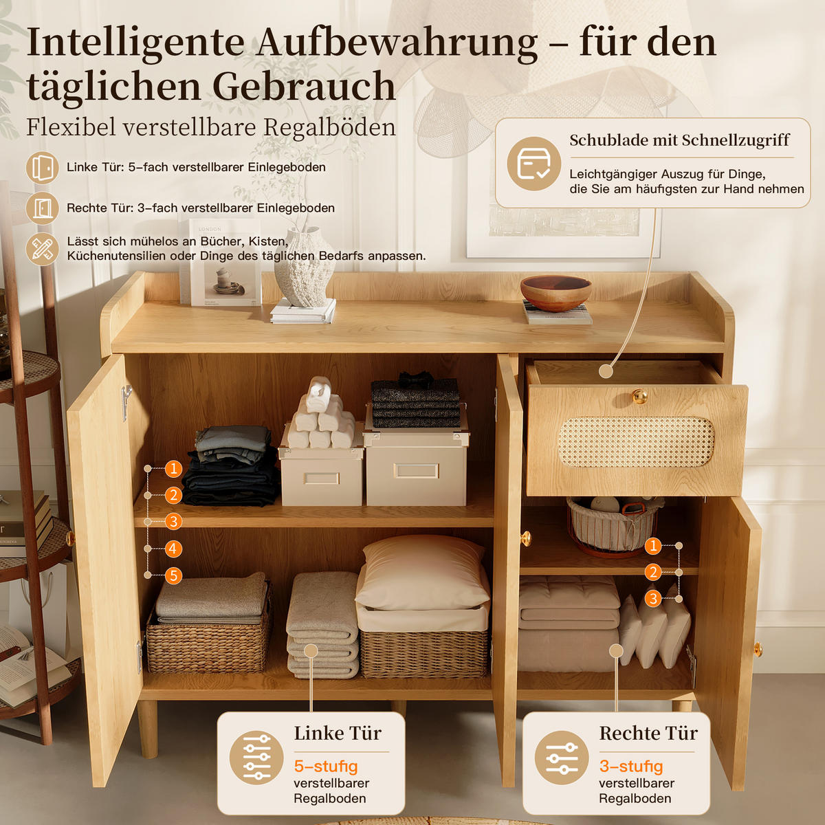 SIDEBOARD 120x40x91 cm Eiche mit Rattan und 3 Türen - Eichefarben, Holz (120/91/40cm) - FLIEKS