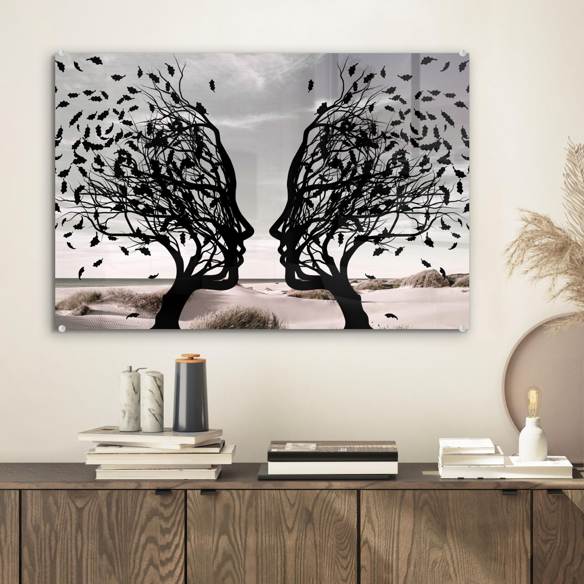 ACRYLGLASBILD Strand - Meer - Menschen - Baum - Moderne Kunst 60x40 cm - Hellgrau, Glas (60/40cm) - MuchoWow