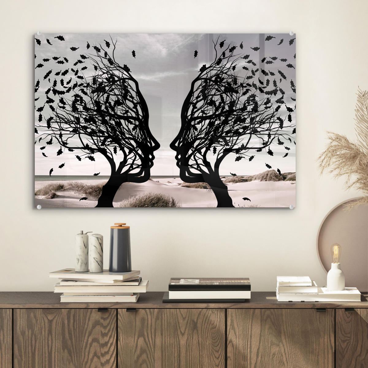 ACRYLGLASBILD Strand - Meer - Menschen - Baum - Moderne Kunst 60x40 cm - Hellgrau, Glas (60/40cm) - MuchoWow