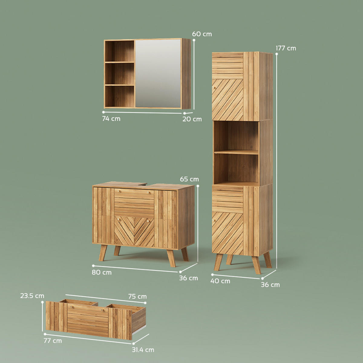 SÚPRAVA KÚPEĽŇOVÉHO NÁBYTKU Olona, Bambus, 3-dielna - prírodná farba, kompozitné drevo (80/65/36cm) - Livinity®