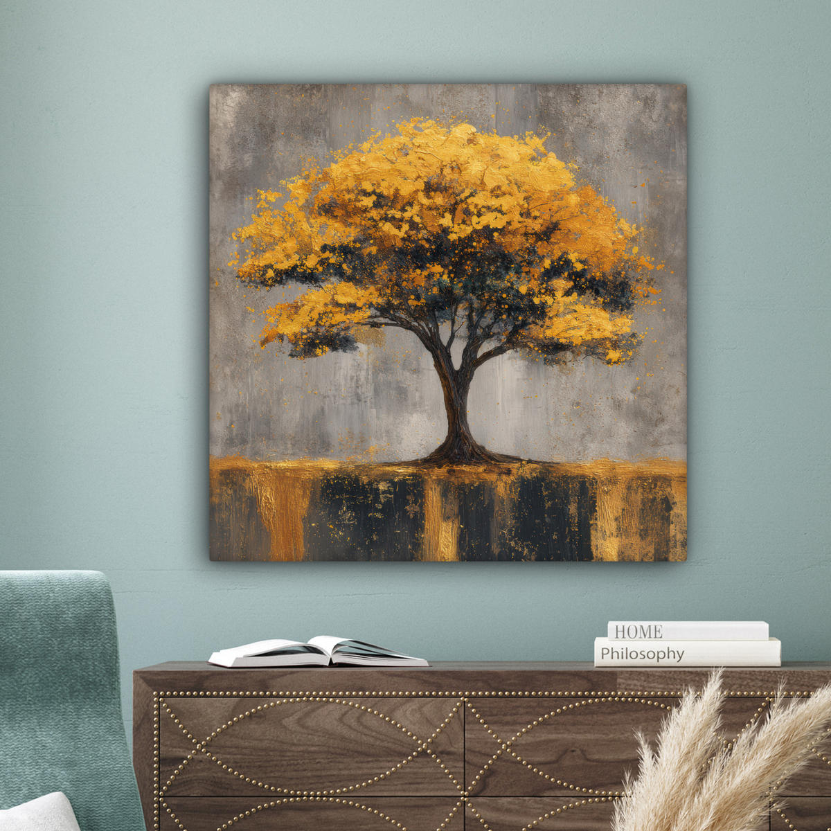 LEINWANDBILD Baum - Blätter - Gold - Abstrakt Deko Groß 90x90 cm - Grau, Textil (90/90cm) - MuchoWow