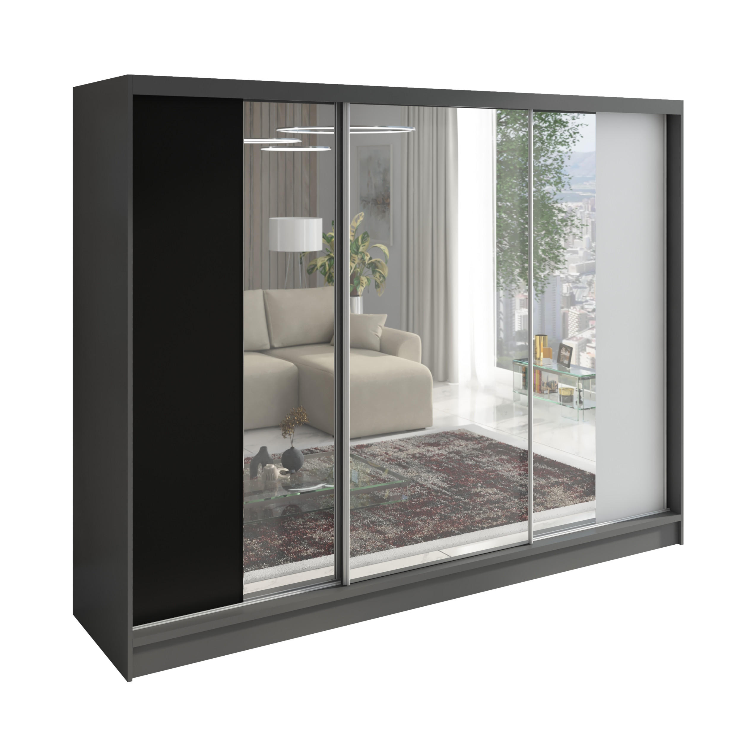 A&J MöbelLand Schwebetürenschrank Graphit, Schwarz, Weiß 200x215x60 cm