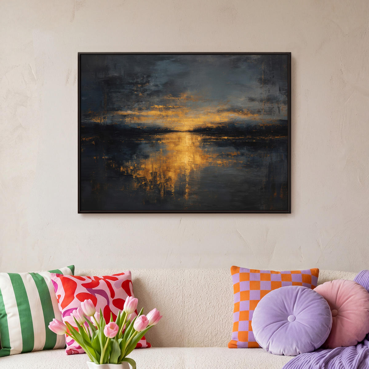 LEINWAND Bilder mit Rahmen - Goldene Reflexion auf dem Wasser - 70x50 - Anthrazit, Textil (70/50cm) - MuchoWow