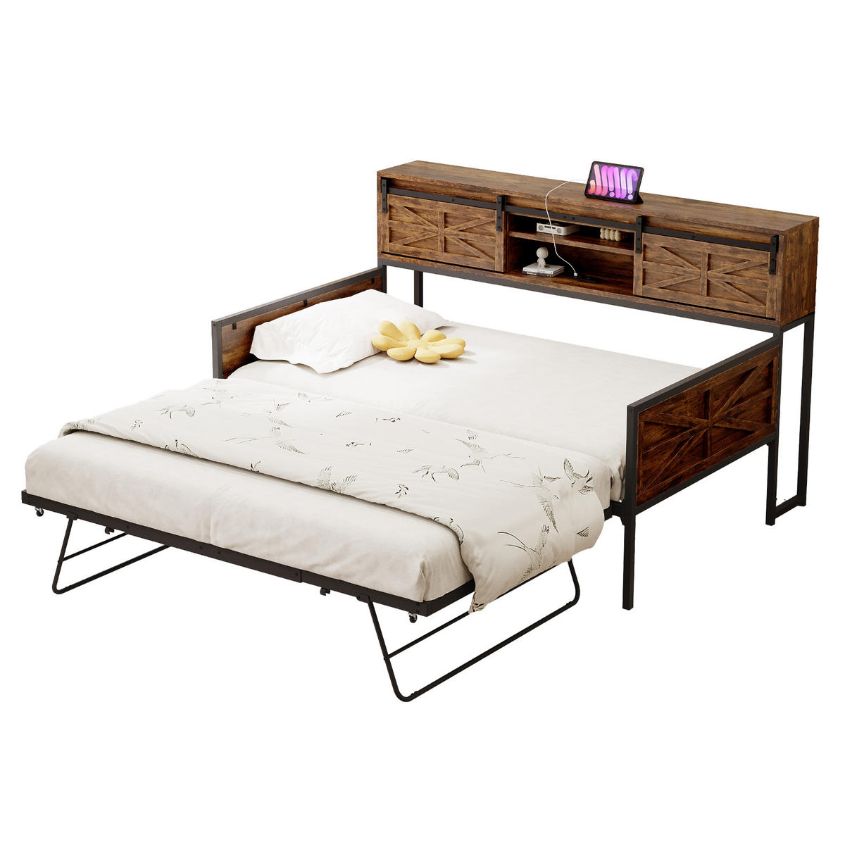 BETT Eisen 90/200 cm mit multifunktionalen Steckdosen und Stauraum Schwarz + Braun - Hellbraun, Holz (90/200cm) - OKWISH