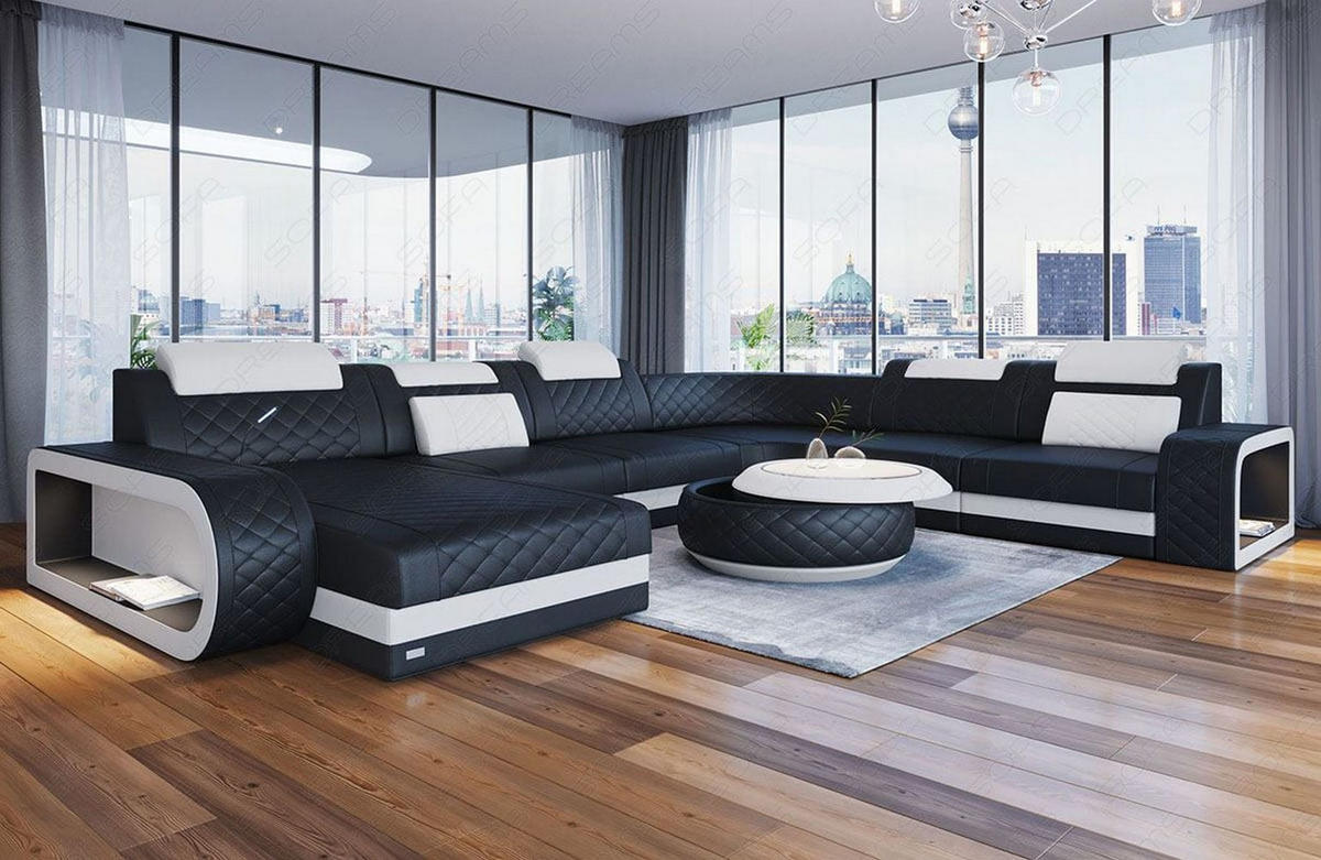 WOHNLANDSCHAFT Berlin U-Form Mini Schwarz Weiß Kunstleder - Schwarz, Textil (264/80/362cm)