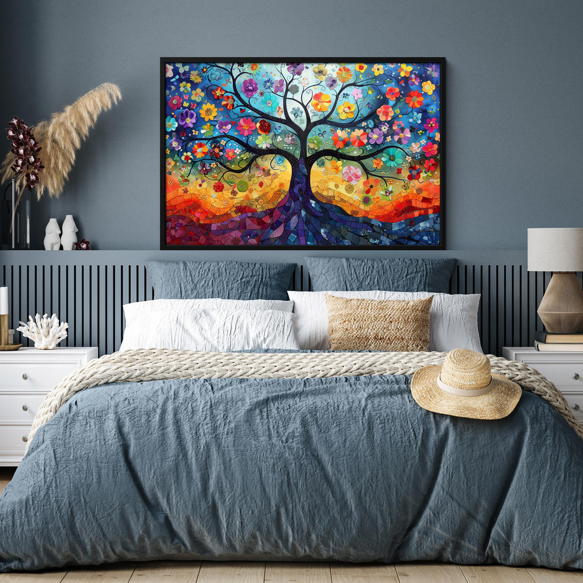 ZARÁMOVANÝ PLAGÁT Umenie - Strom života - Kvety - Hippie 120x80 cm - tmavomodrá, papier (120/80cm) - MuchoWow