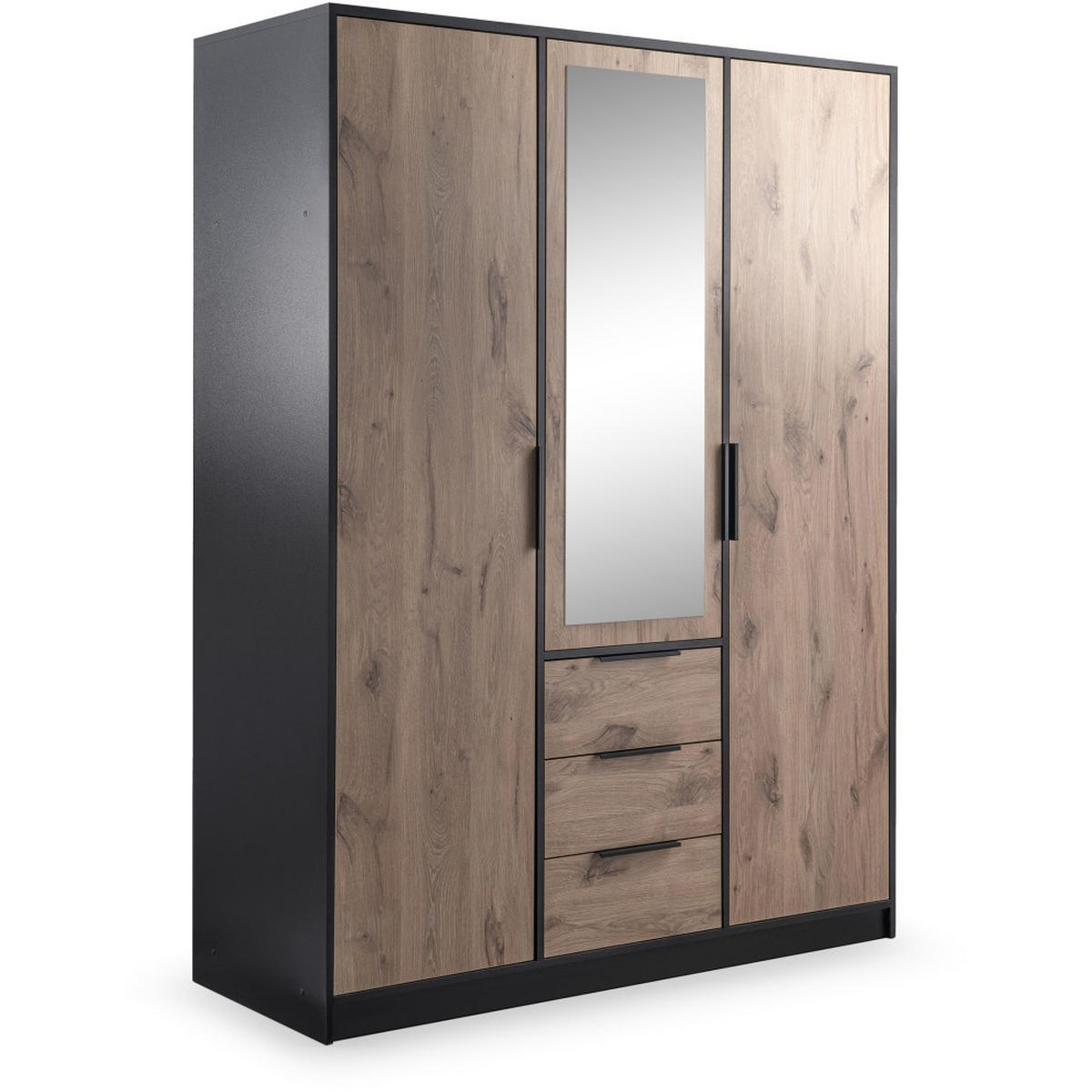 DREHTÜRENSCHRANK Livo mit 3 Türen und 3 Schubladen, eiche Viking+Schwarz, 150 cm - Eichefarben/Schwarz, Holzwerkstoff (150/200/57cm) - Beautysofa