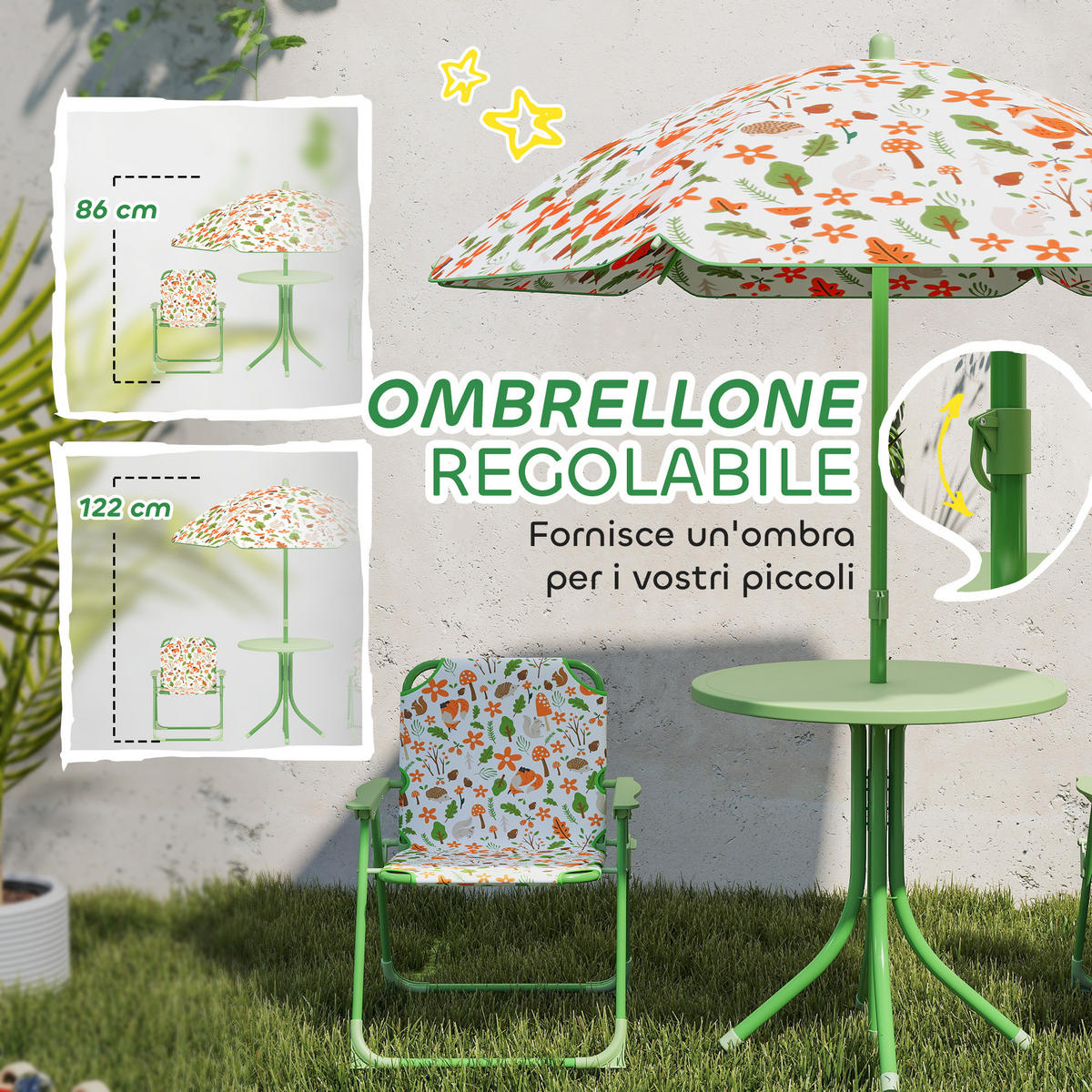 GARTEN-SET, Kinder-Set für 2–5 Jahre mit Tisch und Stühlen, Grün - Multicolor, Holzwerkstoff - FORIOUS