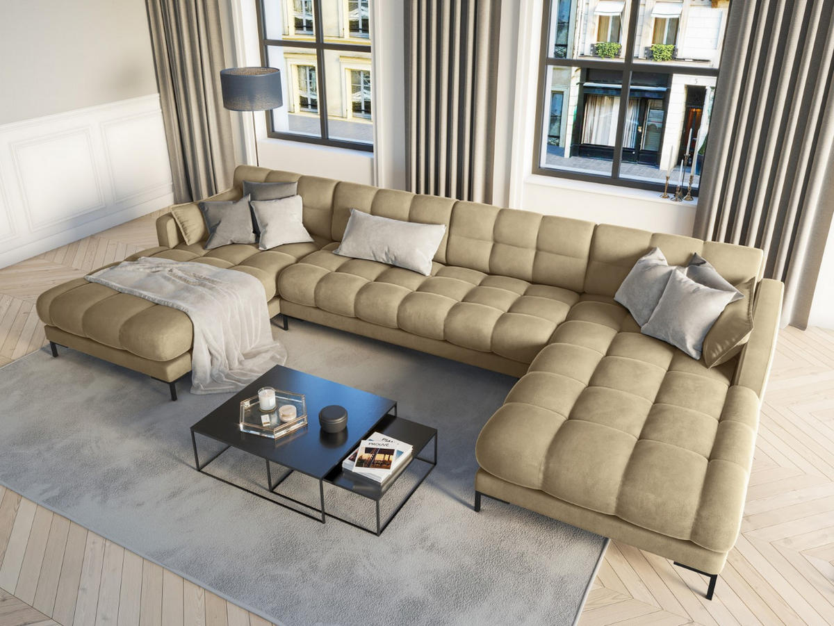 PANORAMASOFA Mamaia aus Samt beige 6 Sitzplätze - Beige, Textil (185/75/383cm) - Micadoni