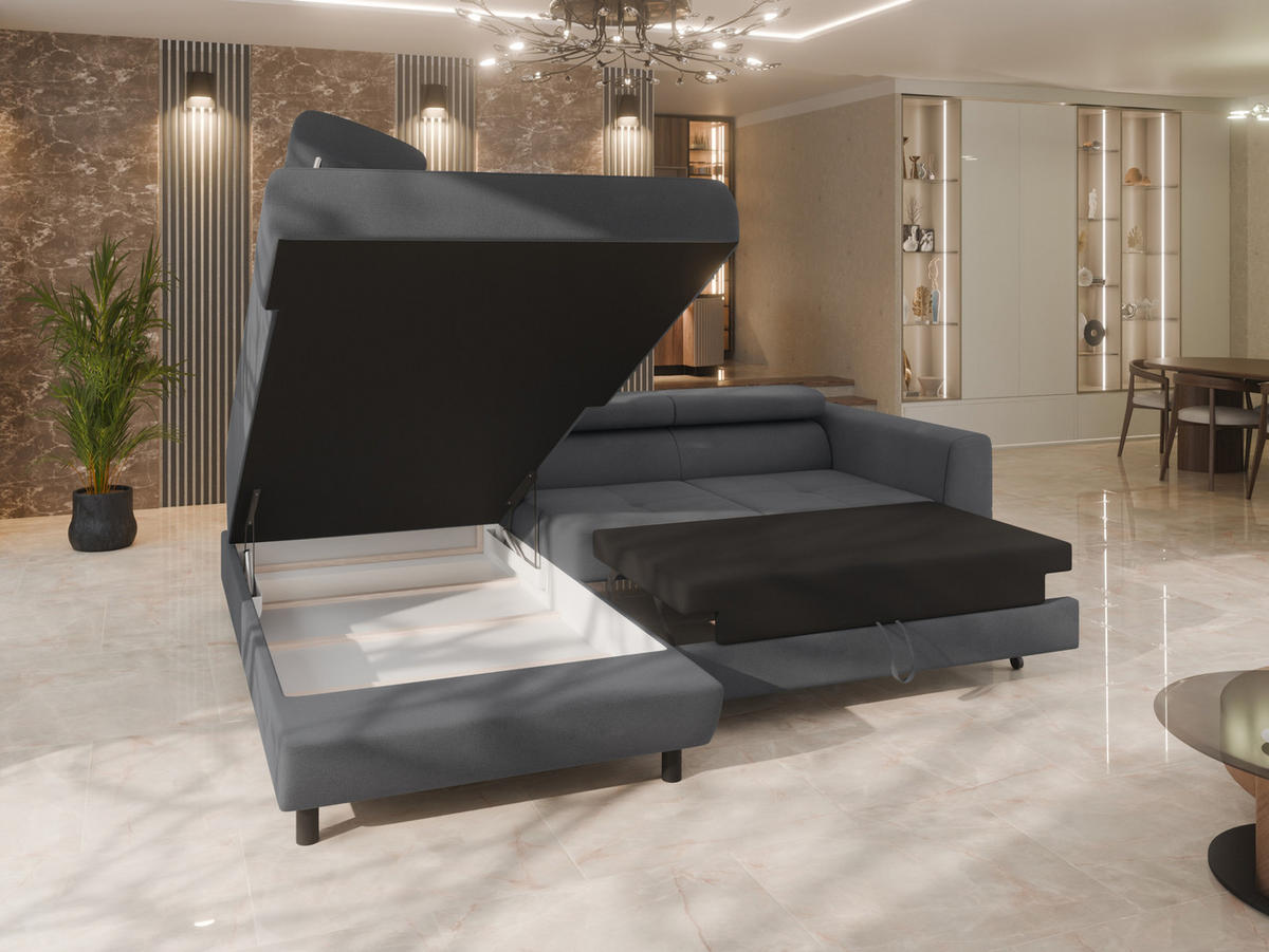 ECKSCHLAFSOFA Vena III mit Schlaffunktion und Bettkasten, Links montierbar, Grau - Grau, Holz (199/254cm) - Homesy