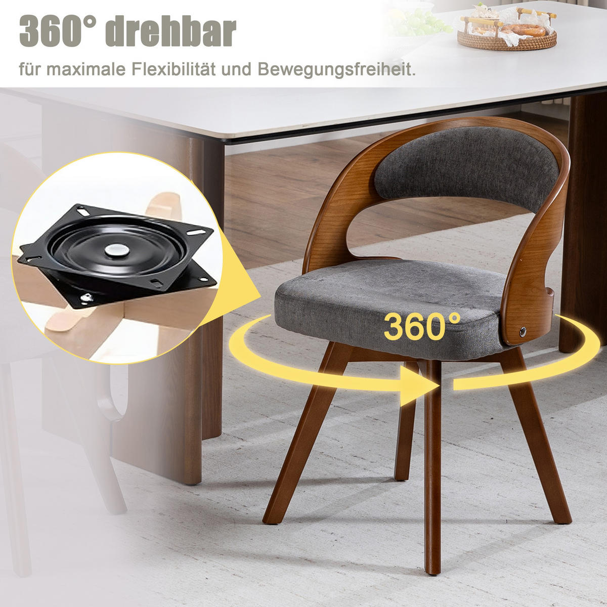 STUHL 2er-Set Esszimmerstuhl,360° drehbar,Massivholzrahmen,Leinenstoff,Grau - Grau, Holz (44/72/41cm) - LVHOM
