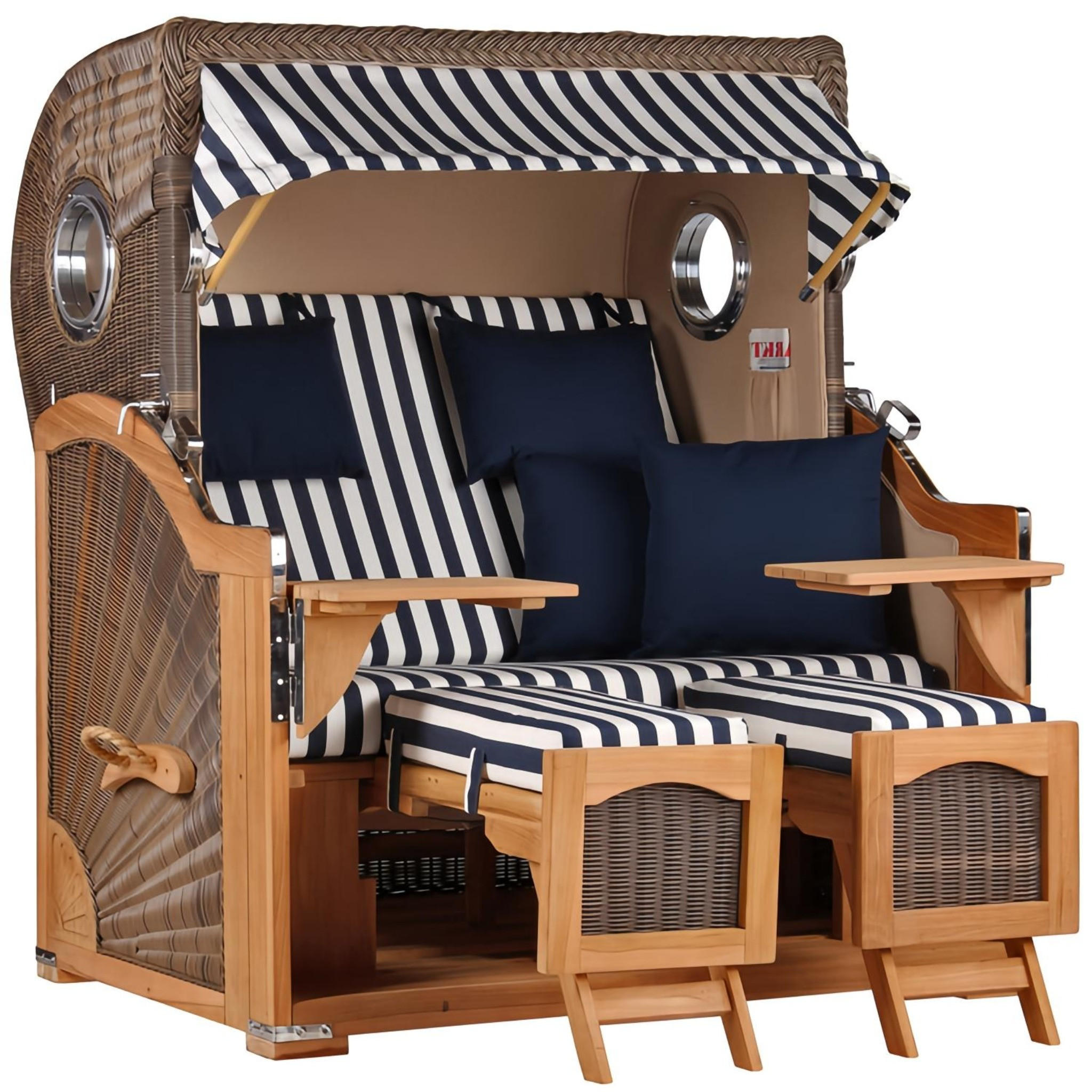 STRANDKORB Düne Grande Bullauge Teak PE Grey Dessin 518 - Blau/Braun, Metall (142/170/95cm) - Mr. Deko