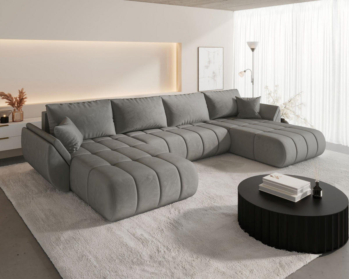 WOHNLANDSCHAFT SYDNEY PREMIUM U-Form hellgrau Velours Monolith 84 - Schlaffunktion, Bettkasten - Hellgrau, Textil (385/85/175cm) - Cornero