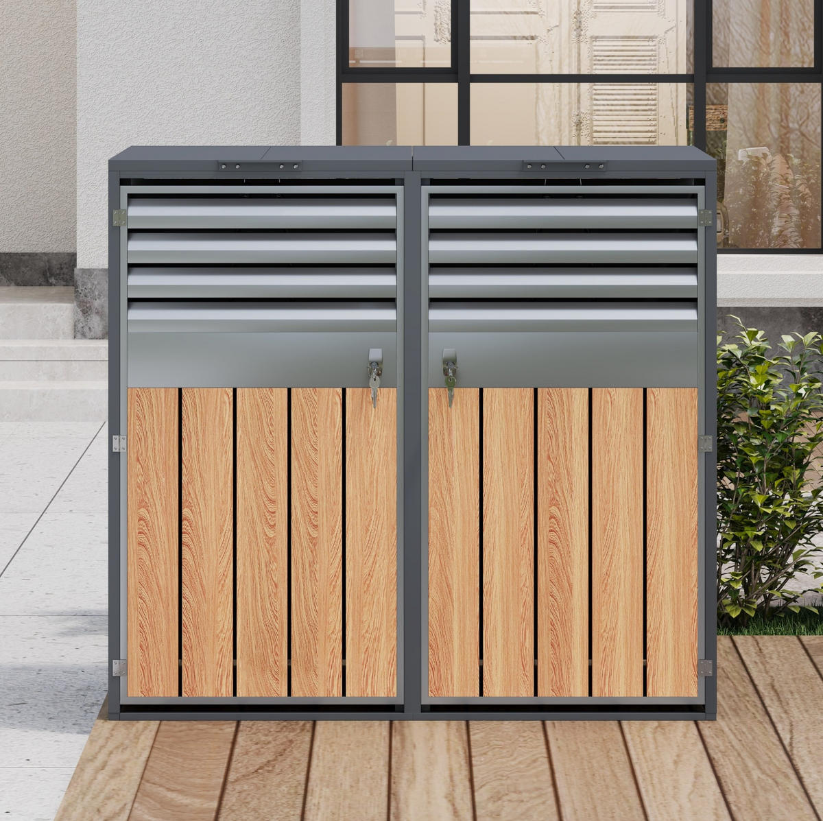 MÜLLTONNENBOX aus Stahl in Grau Holzoptik mit Klappdeckel & Schloss 132x80x118,5 cm - Grau, Metall (132/118.5/80cm) - Modfu