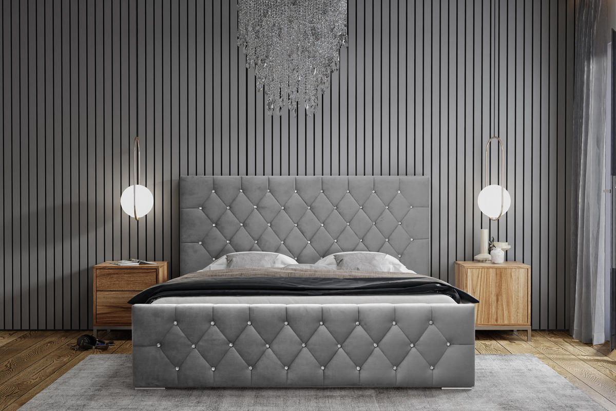 POLSTERBETT Modernes gepolstertes Bett Mona I, hochwertiger Stoff, Bettkasten, elegantes halbrundes Design 140x200 cm, Esche. - Eschefarben/Schwarz, Holzwerkstoff/Kunststoff (140/200cm) - DomoHome