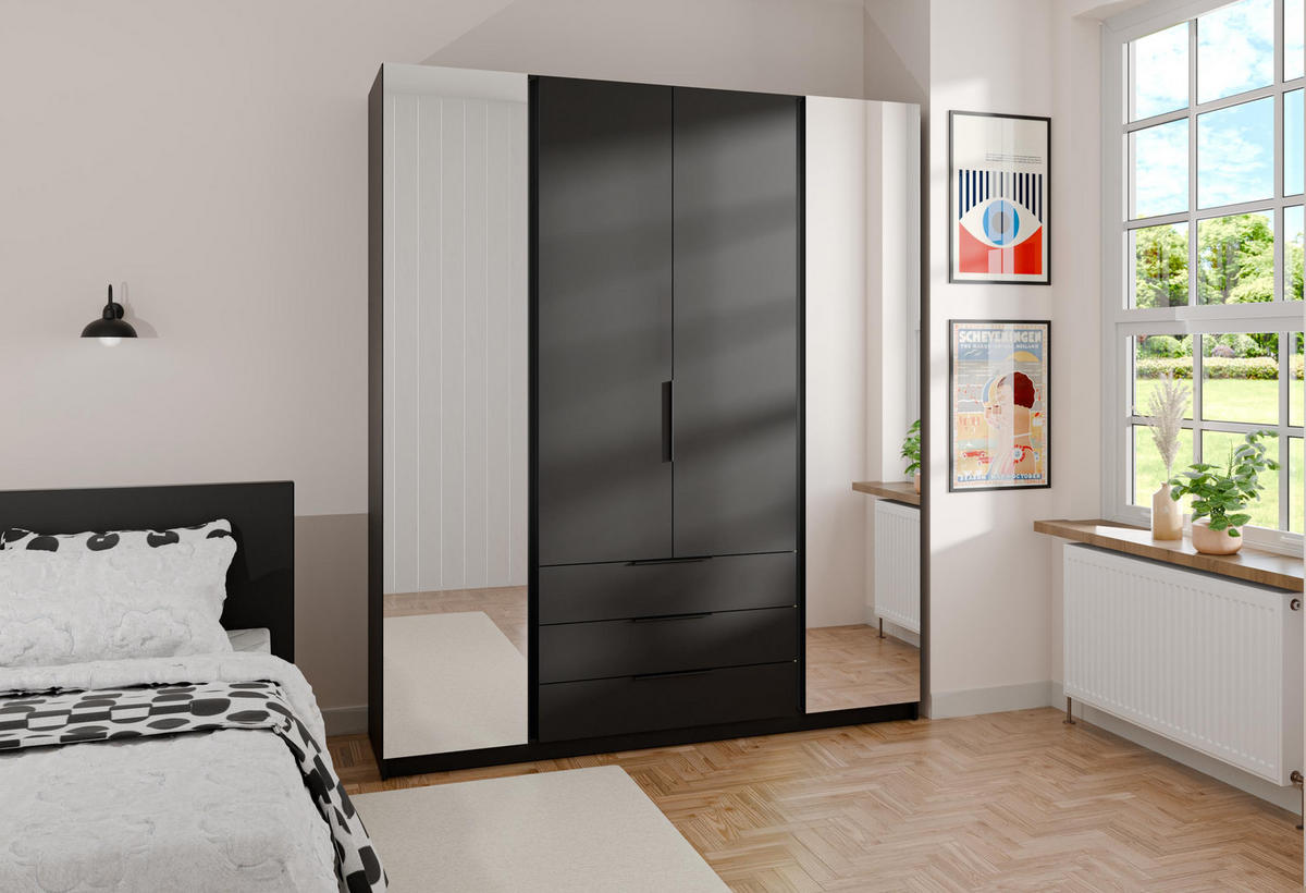 KLEIDERSCHRANK Nehir Schwarz 200 cm - 4T3S Modern mit Schubladen und 2 Spiegeln außen - Schwarz, Holzwerkstoff/Kunststoff (200/239/61.9cm) - AX Living