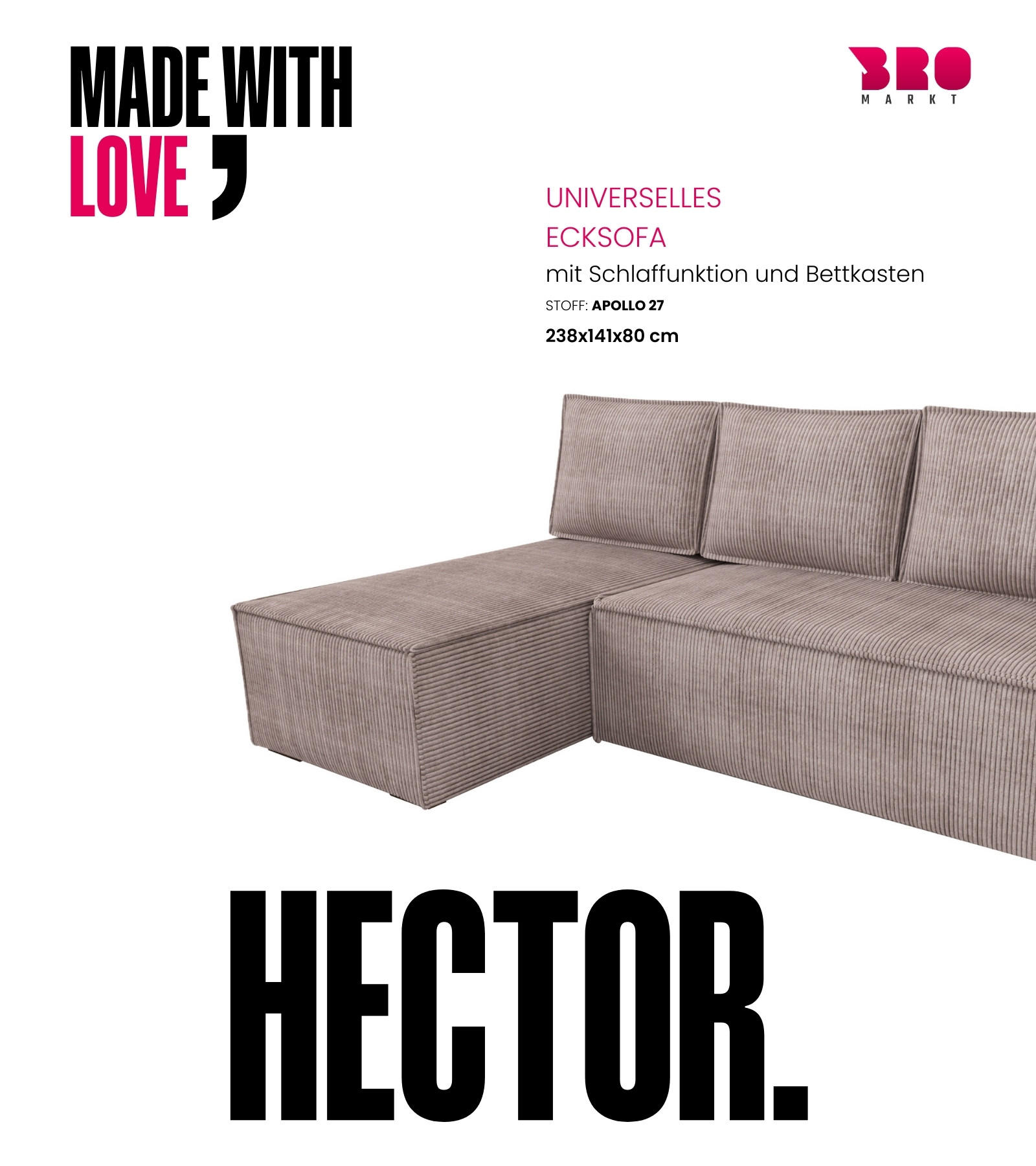 ECKSOFA Hector mit Schlaffunktion Puderrosa Cord - Rosa, Textil (200/141cm) - Bromarkt