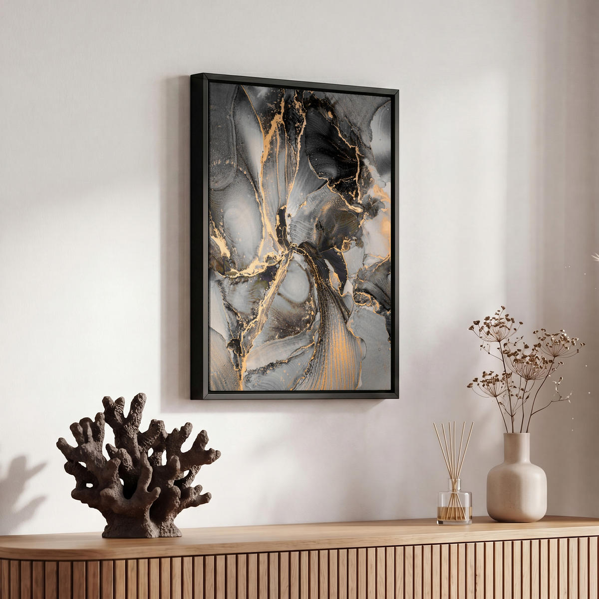 LEINWAND Bilder mit Rahmen - Grau - Luxus - Gold - Marmor - 20x30 - Dunkelgrau, Textil (20/30cm) - MuchoWow