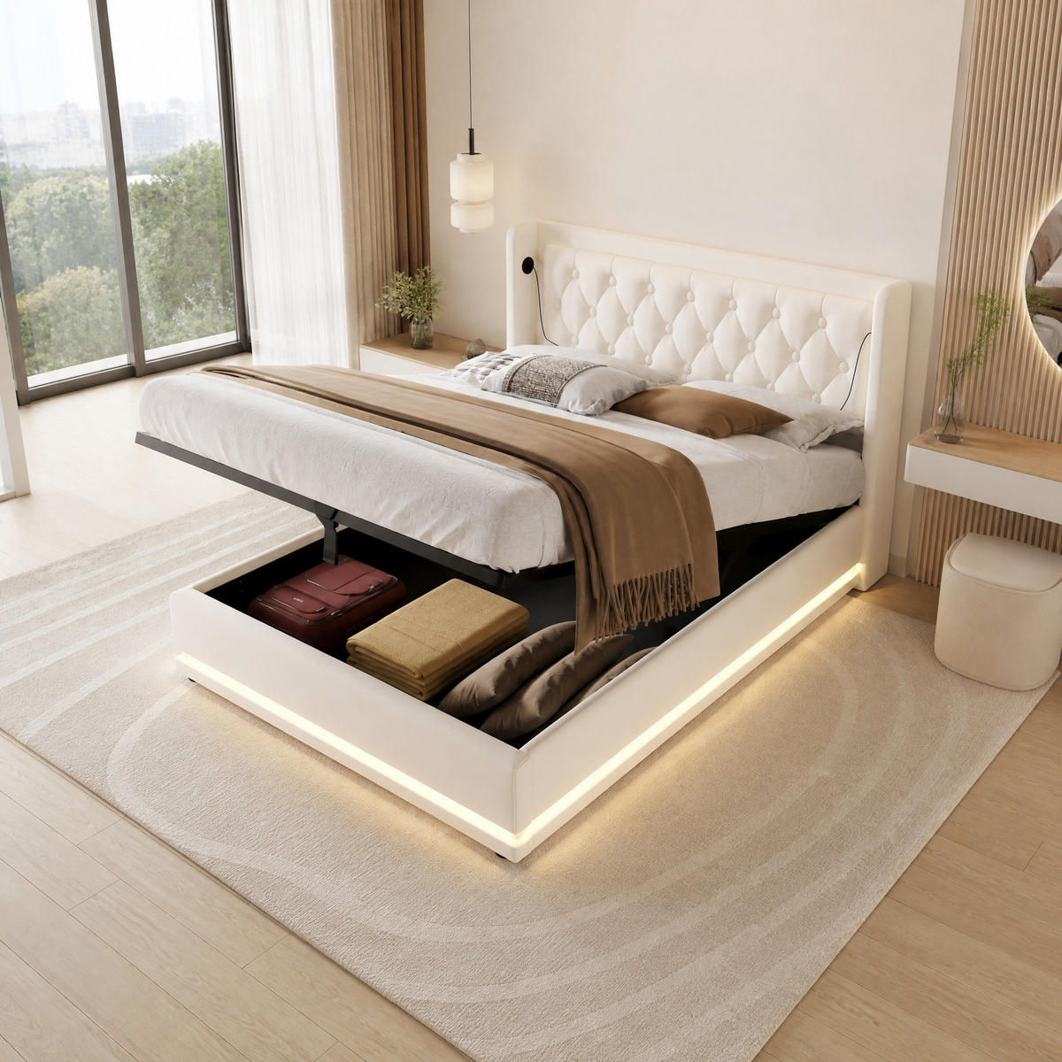 POLSTERBETT 160/200 cm in Weiß mit Bettkasten, LED und USB/Type-C Kunstleder Wingback-Design - Weiß, Holzwerkstoff/Textil (160/200cm) - STILVORA