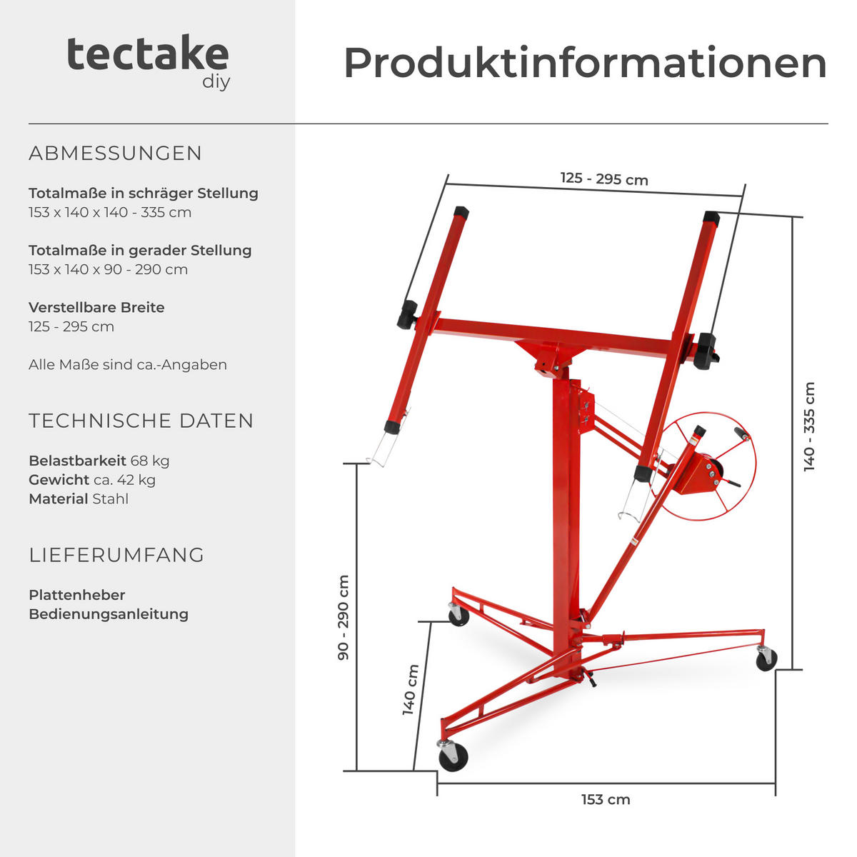 PLATTENHEBER ,breite Stativfüße mit 3 Lenkrollen inklusive Feststellbremsen,rot - Rot, Metall (153/140/185cm) - tectake
