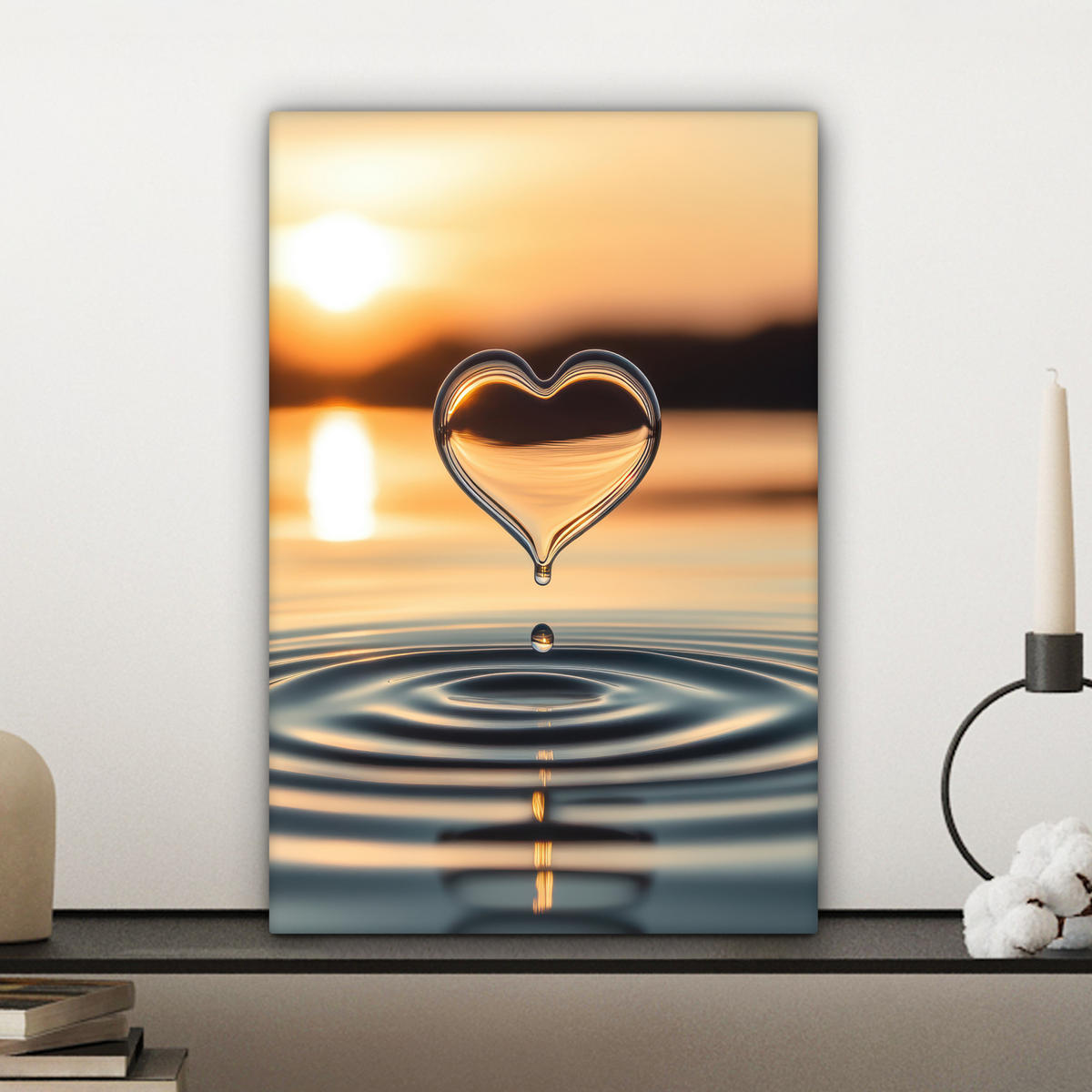 LEINWANDBILD - Herz - Wasser - Sonnenuntergang - Natur - Zen - 20x30 - Bilder - Bernsteinfarben, Textil (20/30cm) - MuchoWow