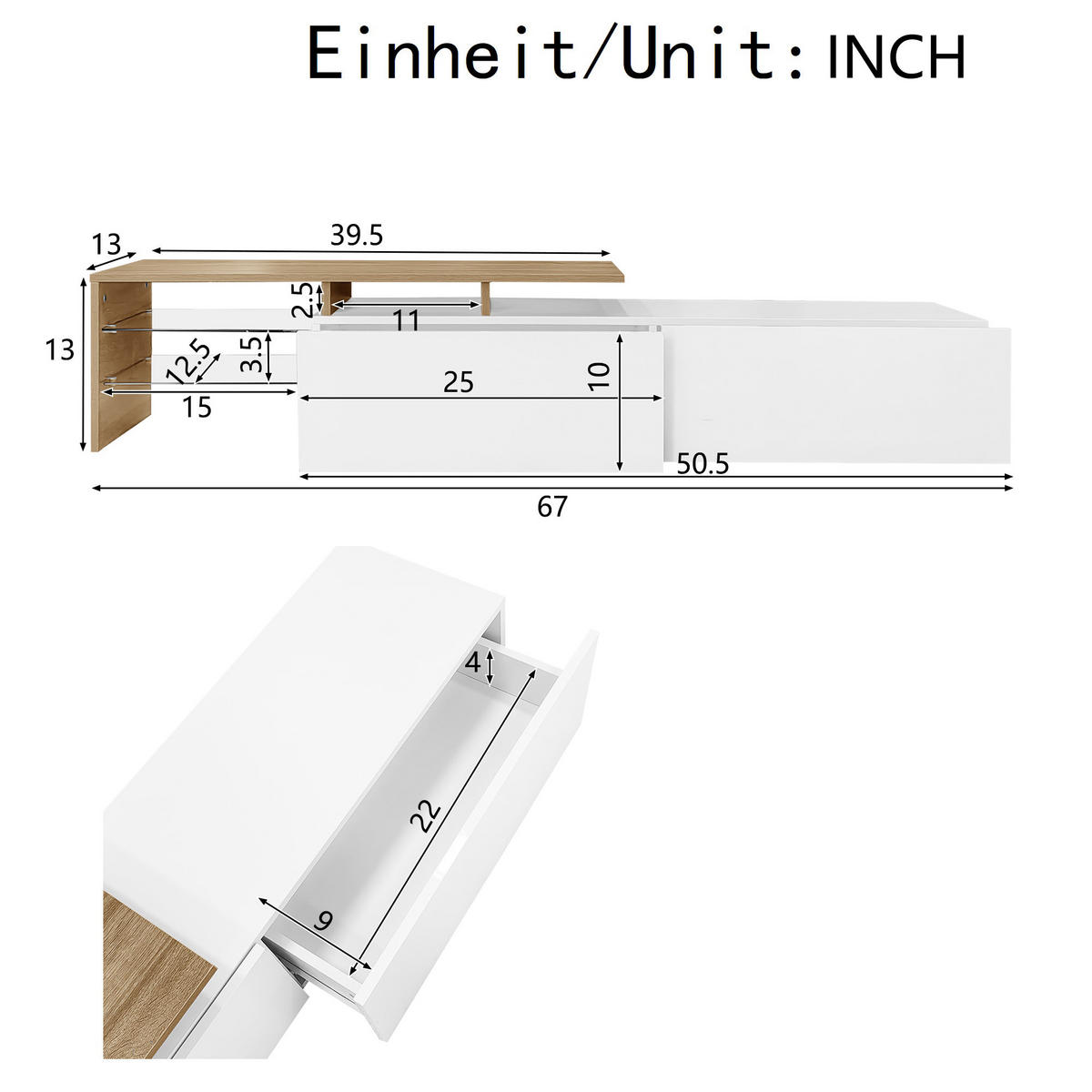TV-ELEMENT170X33X33,5CM HochglanzWeiß mit LEDBeleuchtung und Glasböden - Naturfarben, Holz (42.19/18.42/143cm) - Raelunyi