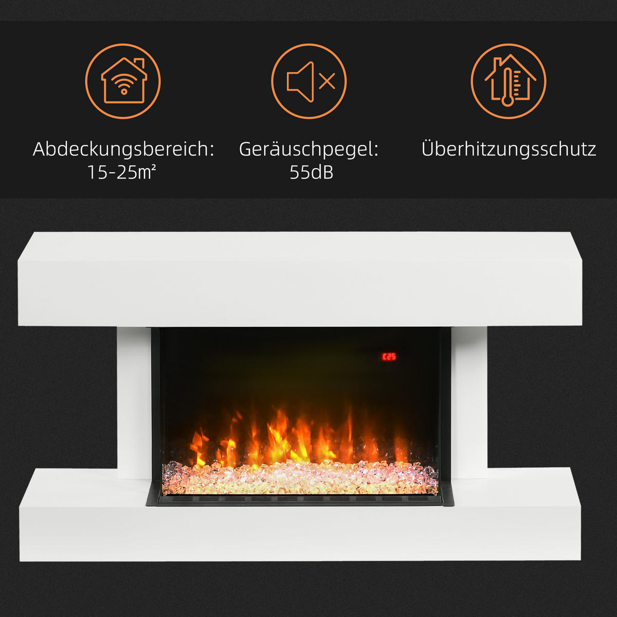 ELEKTROKAMIN 2000 W Wandkamin mit 3D-Flammeneffekt Kristalle 3 Helligkeitsstufen - Weiß, Metall (27/54.5/98cm) - HOMCOM