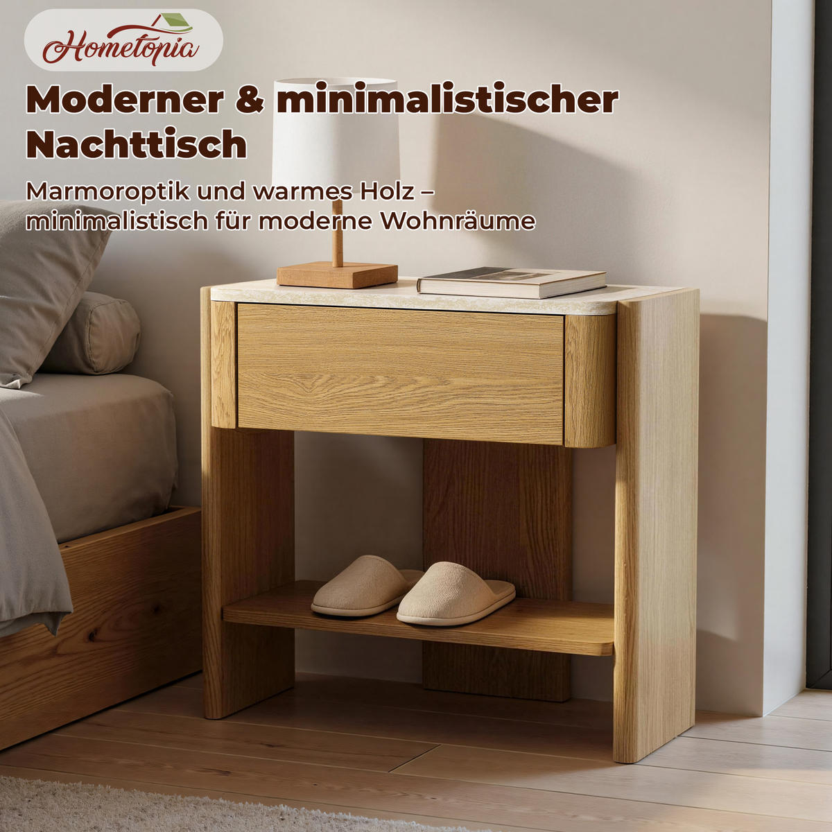 NACHTTISCH Modern mit Marmoroptik, Eiche, MDF | B55 x T40 x H53 cm - Eichefarben, Holz (55/53/40cm) - Hometopia