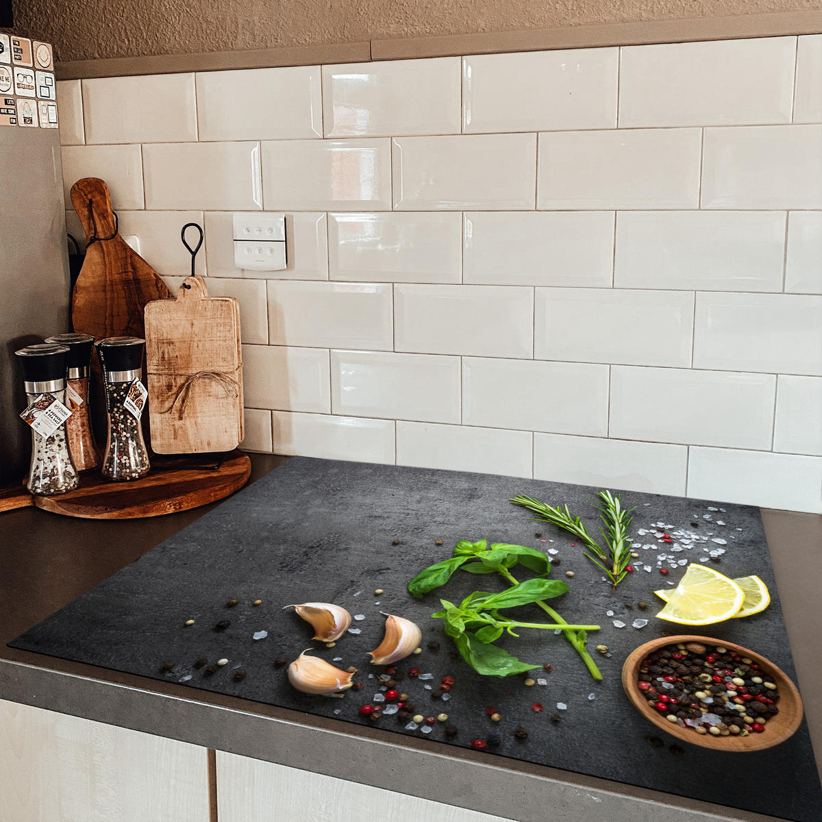 HERDABDECKPLATTE Limette - Kräuter - Gewürze - Grün - Grau - Beton 77x59 cm - Grün, Kunststoff (77/0.2/59cm) - MuchoWow