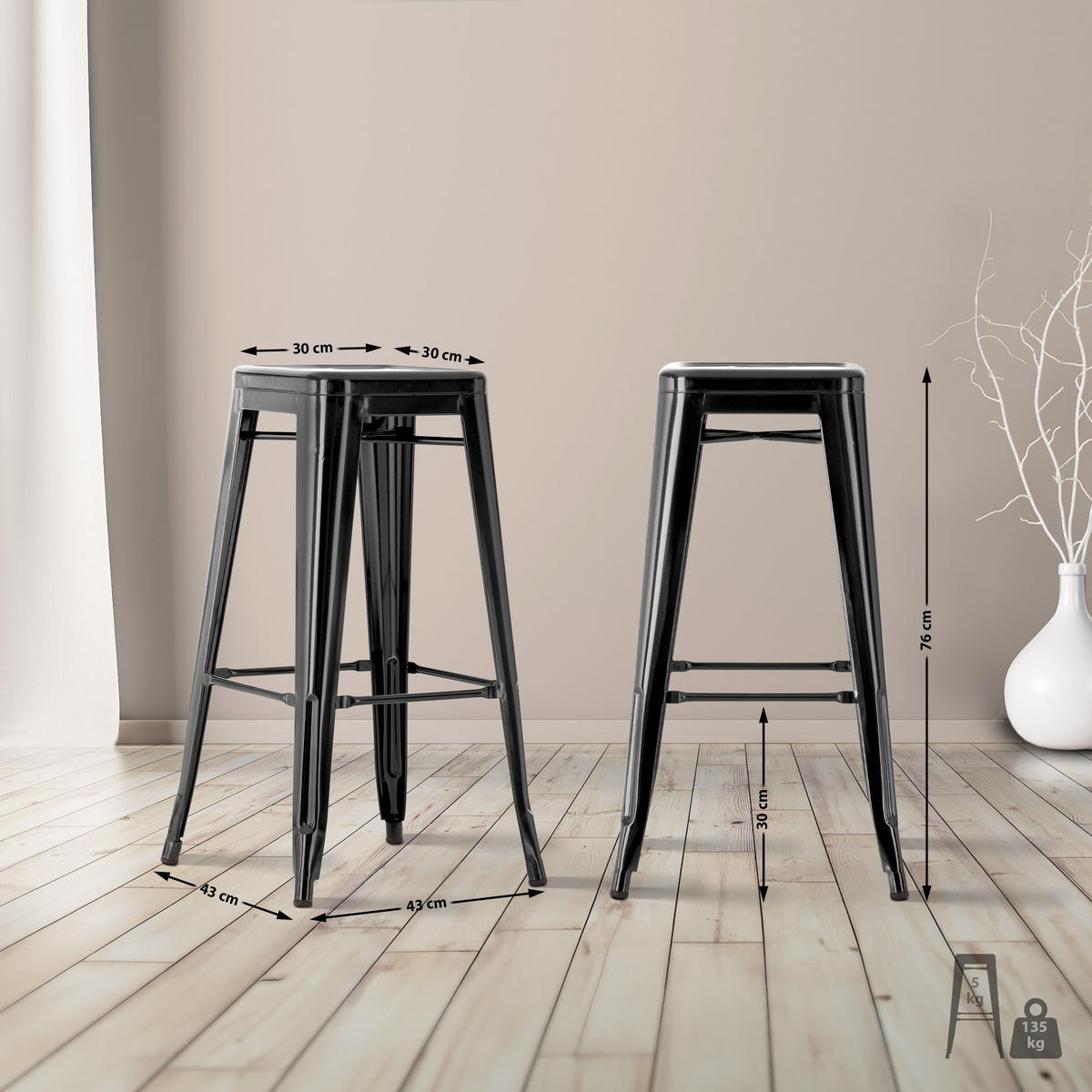 BARHOCKER Joshua 2er Set 43x43x76 cm schwarz - Schwarz, Metall (43/76/43cm) - furnicato