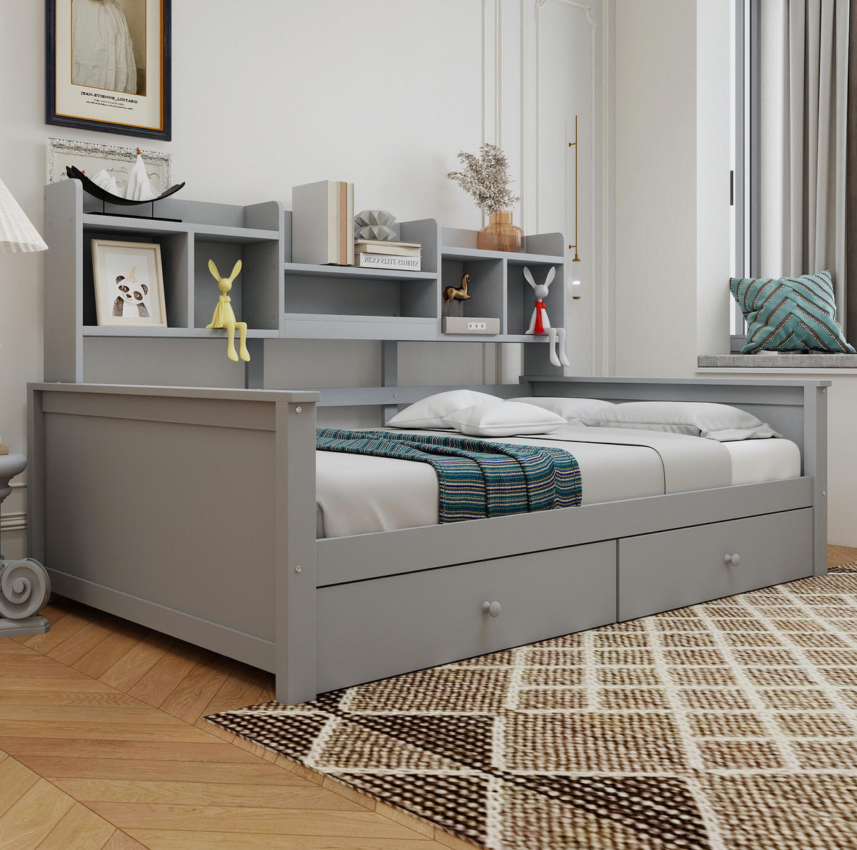 SCHLAFSOFA aus Massivholz 90x200 cm Grau mit Schubladen, Regalfächern und Lattenrost - Grau, Holzwerkstoff (90/200cm) - IVMEU