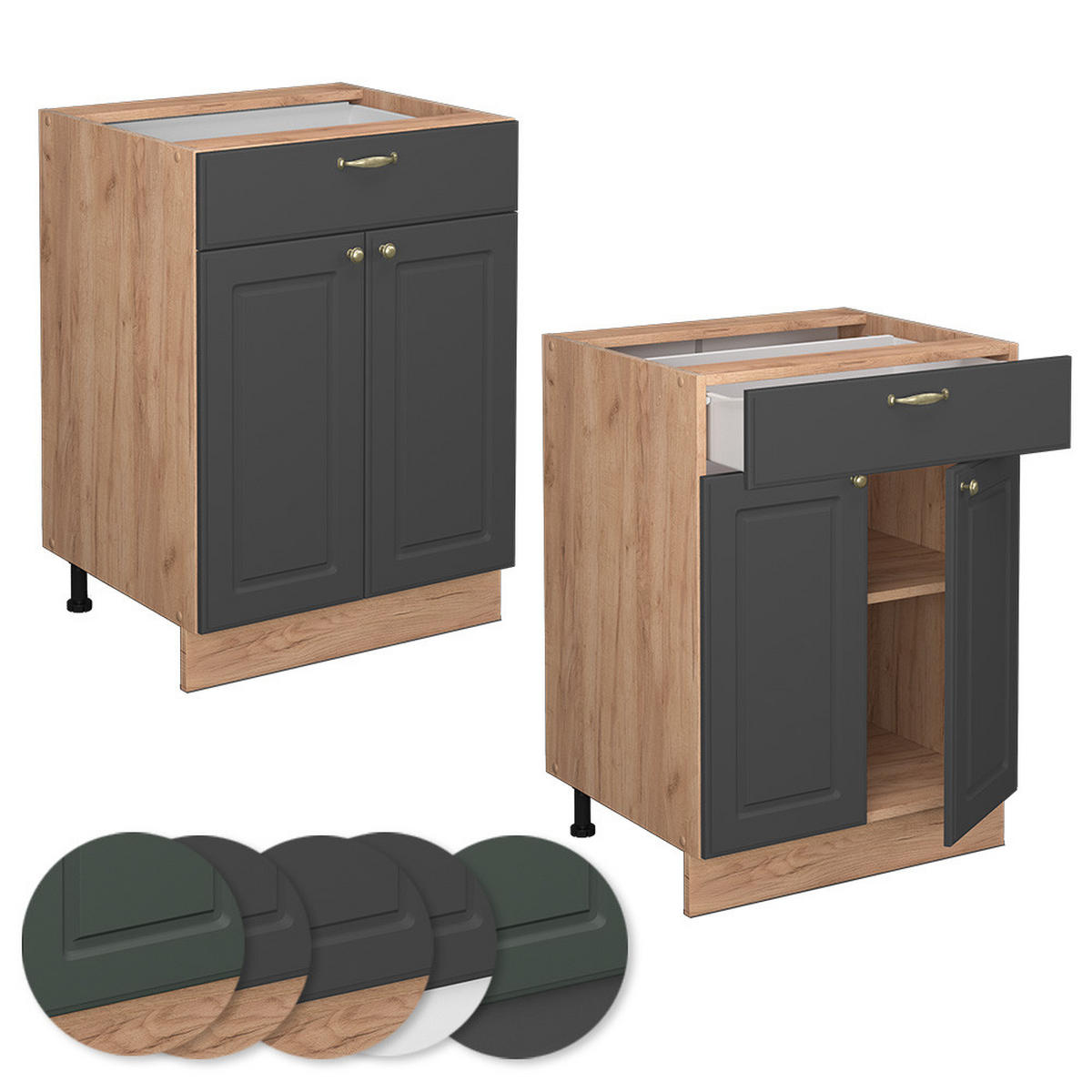 KÜCHENUNTERSCHRANK Fame-Line Anthrazit-Gold 60 cm mit Schublade AP Eiche - Anthrazit/Eiche Wotan, Holzwerkstoff (60/82/60cm) - Vicco