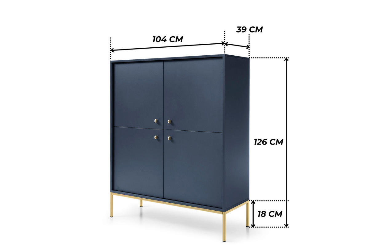 HOCHKOMMODE BARI KW4D (Blau, Goldene Griffe, Goldenes Gestell) - Goldfarben/Dunkelblau, Holz/Holzwerkstoff (104/126/39cm) - Ravio