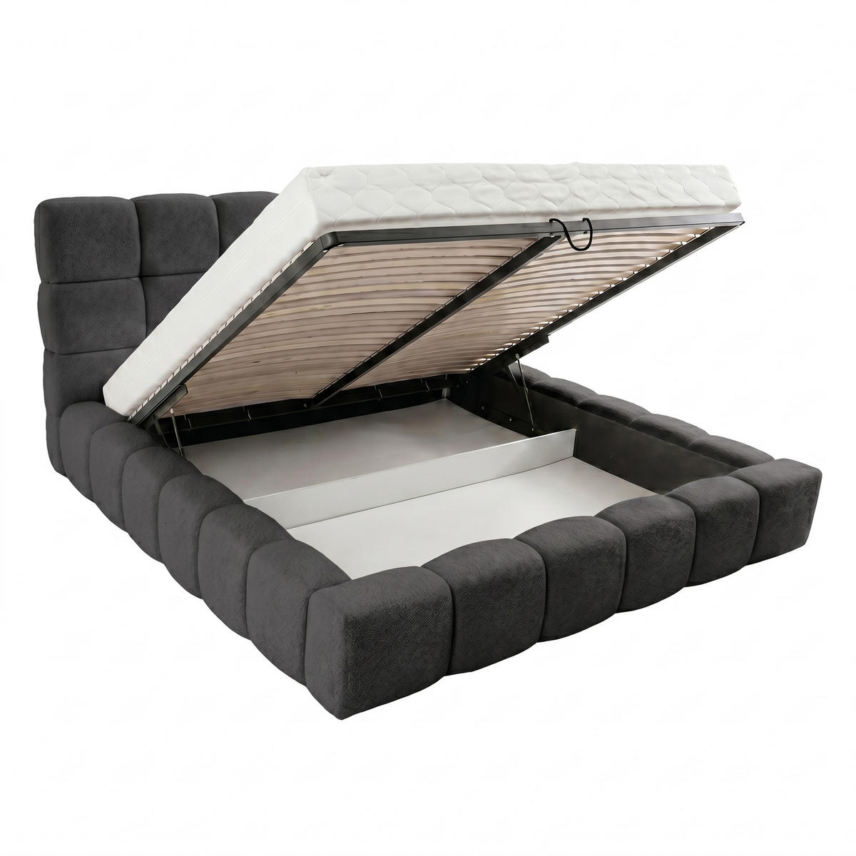 POLSTERBETT AMITY MAXI 180x200 cm in Graphit, gepolstertes Kopfteil, Lattenrost, Bettkasten, Bouclé-Stoff - Graphitfarben/Naturfarben, Holz/Textil (180/200cm) - Muffo