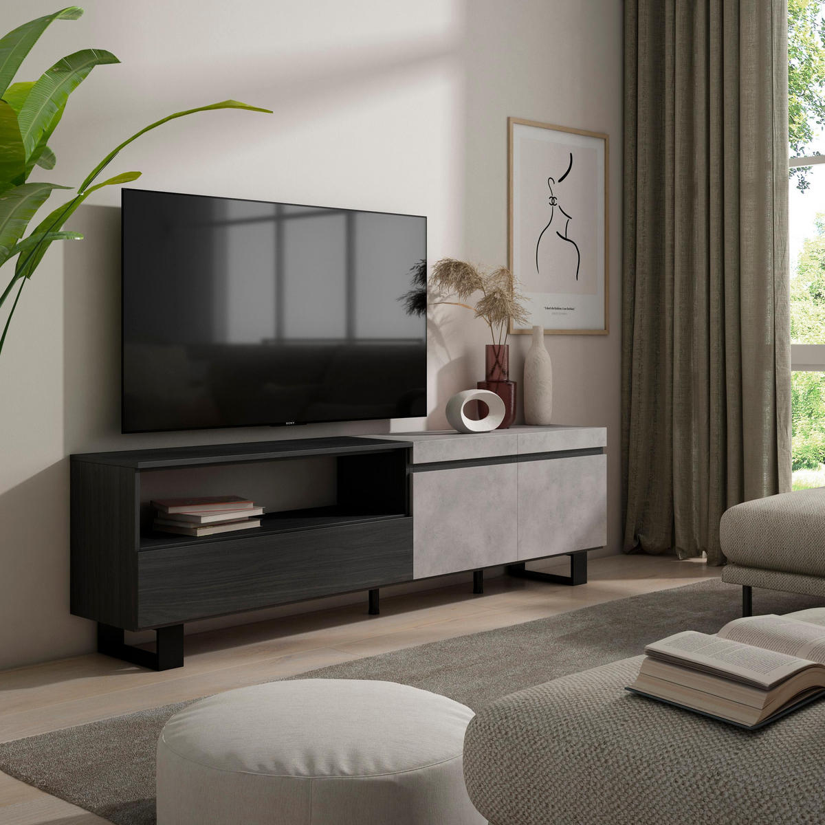 LOWBOARD, zementgrau, 200/35/57cm - Grau, Holzwerkstoff (200/57/35cm) - Skraut Home