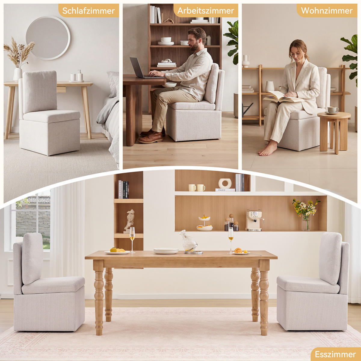 DREHSTUHL Chenille Beige drehbar, mit Stauraum und Rollen - Beige/Grau, Holzwerkstoff/Textil (49/92/65cm) - WISHDOR