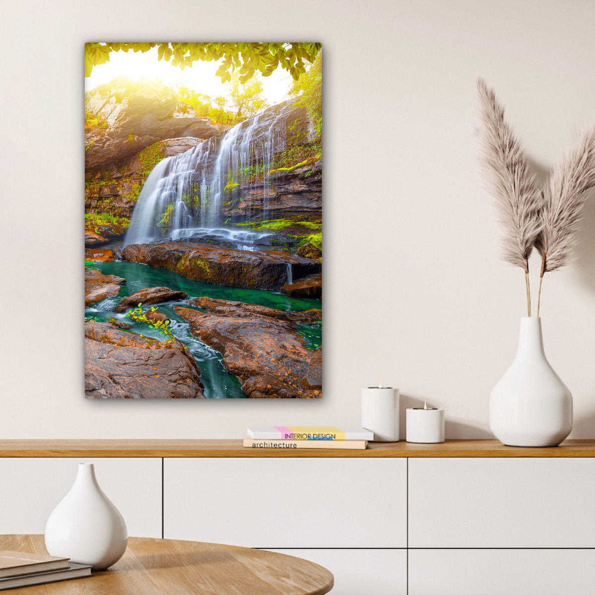 LEINWANDBILD Natur - Wasserfall - Pflanzen - Bäume - Sonne Wanddeko Schlafzimmer 60x90 cm - Olivgrün, Textil (60/90cm) - MuchoWow