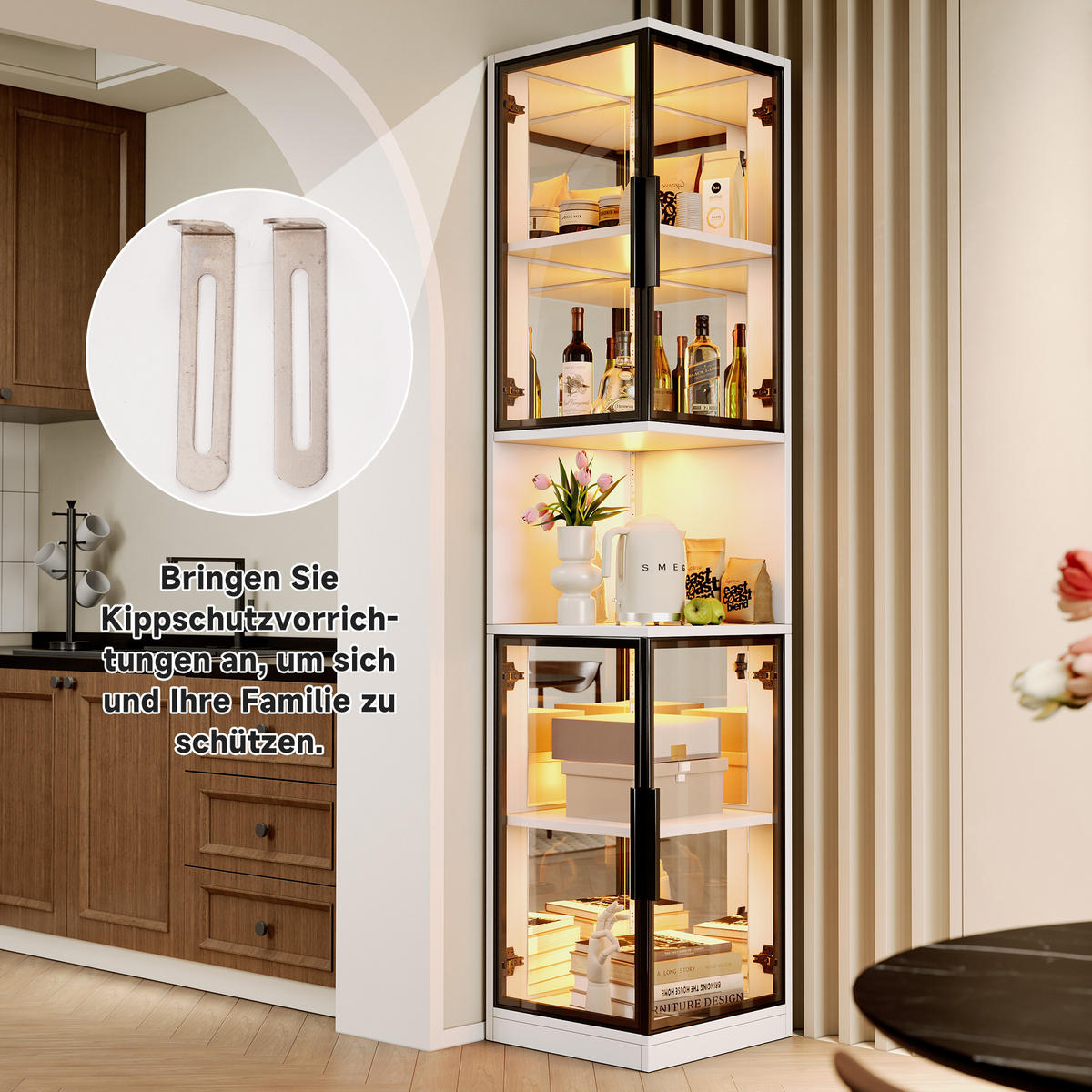 VITRINE 205cm LED Glas Doppel Türen verspiegelte Rückwand modern - Weiß, Holzwerkstoff (44/205/42cm) - FLIEKS