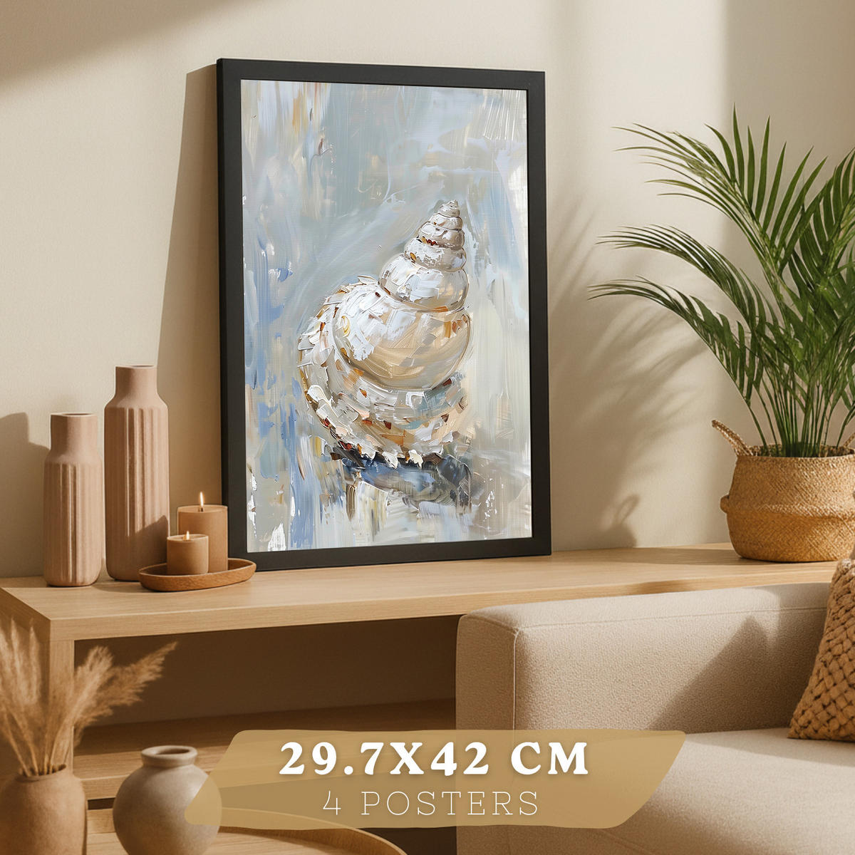 PLAKAT Sada 3 tisků s motivy pláže, moře a francouzské riviéry. Nástěnná dekorace. Mušle. Velikost Černý rám A3 - černá, papír (29.7/42/3cm) - Nacnic