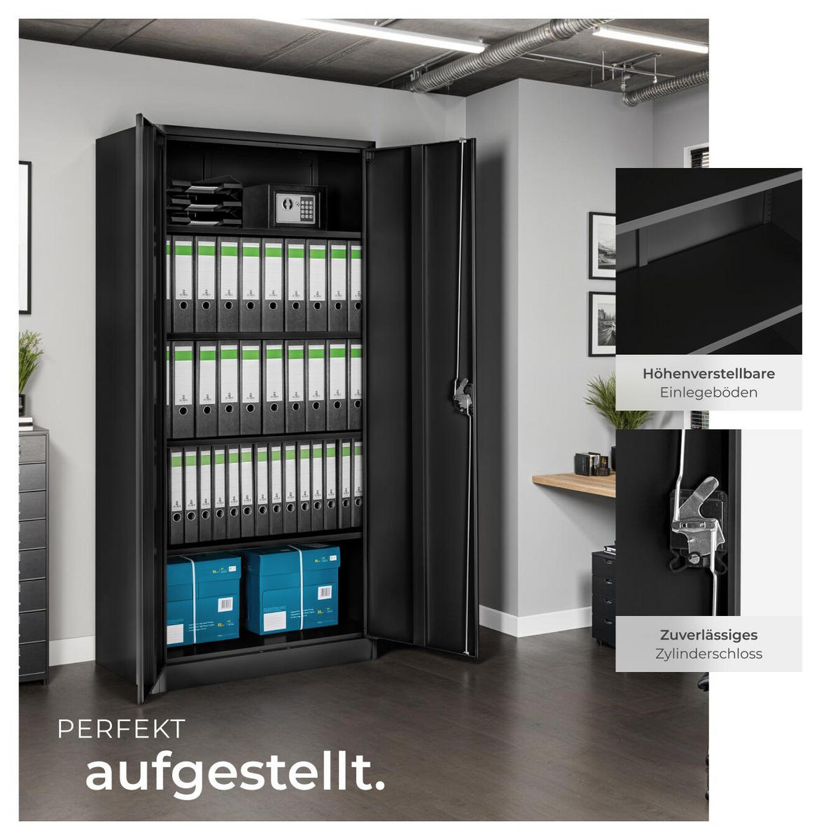 AKTENSCHRANK Blain,180 x 80 x 40 cm,schwarz - Schwarz, Metall (40/180/80cm) - tectake