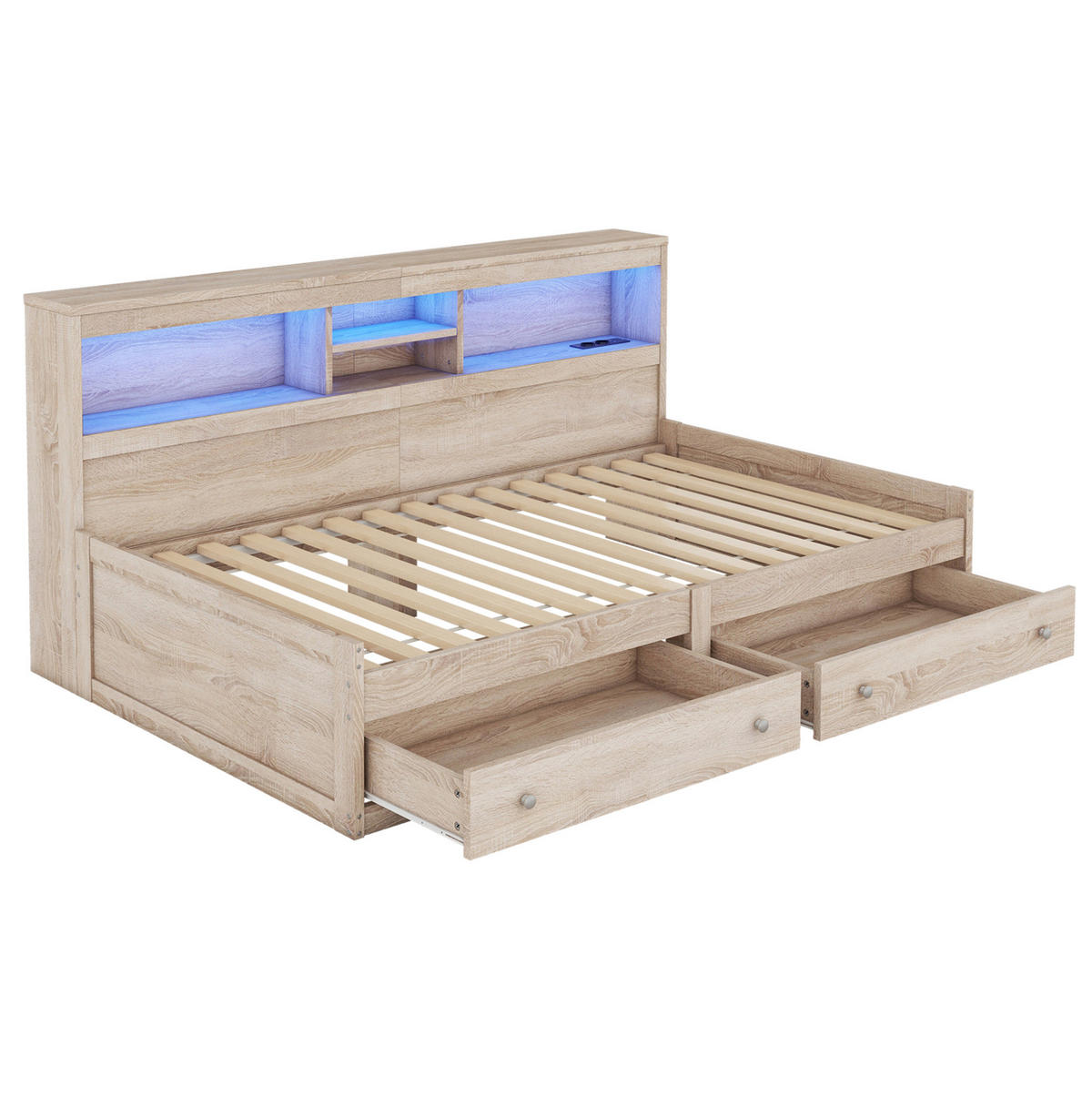 KINDERBETT 90/200 cm in Natur mit LED-Beleuchtung und 2 USB-Anschlüssen - Naturfarben, Holzwerkstoff (90/200cm) - Flora Grace