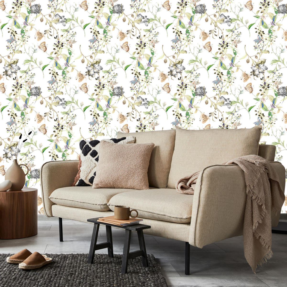 VLIESTAPETE Wiesenblumen im Retro-Stil – Grün, Beige, Weiß – 50x1000 cm - Beige/Weiß, Papier (50/1000cm) - Muralo