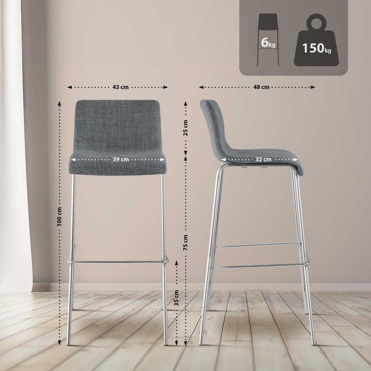 BARHOCKER Stoff Hellgrau - Chromfarben/Hellgrau, Textil/Metall (43/100/48cm) - CLP