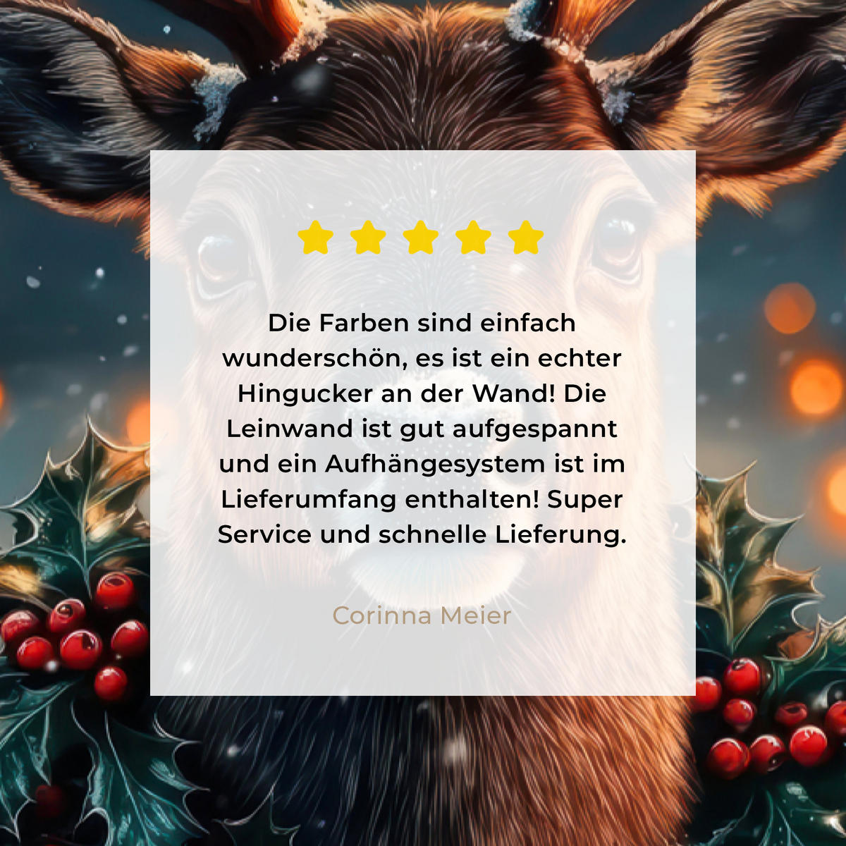 LEINWANDBILD Hirsch - Weihnachten - Winter - Schnee - Weihnachtskranz 90x140 cm - Dunkelbraun, Textil (90/140cm) - MuchoWow