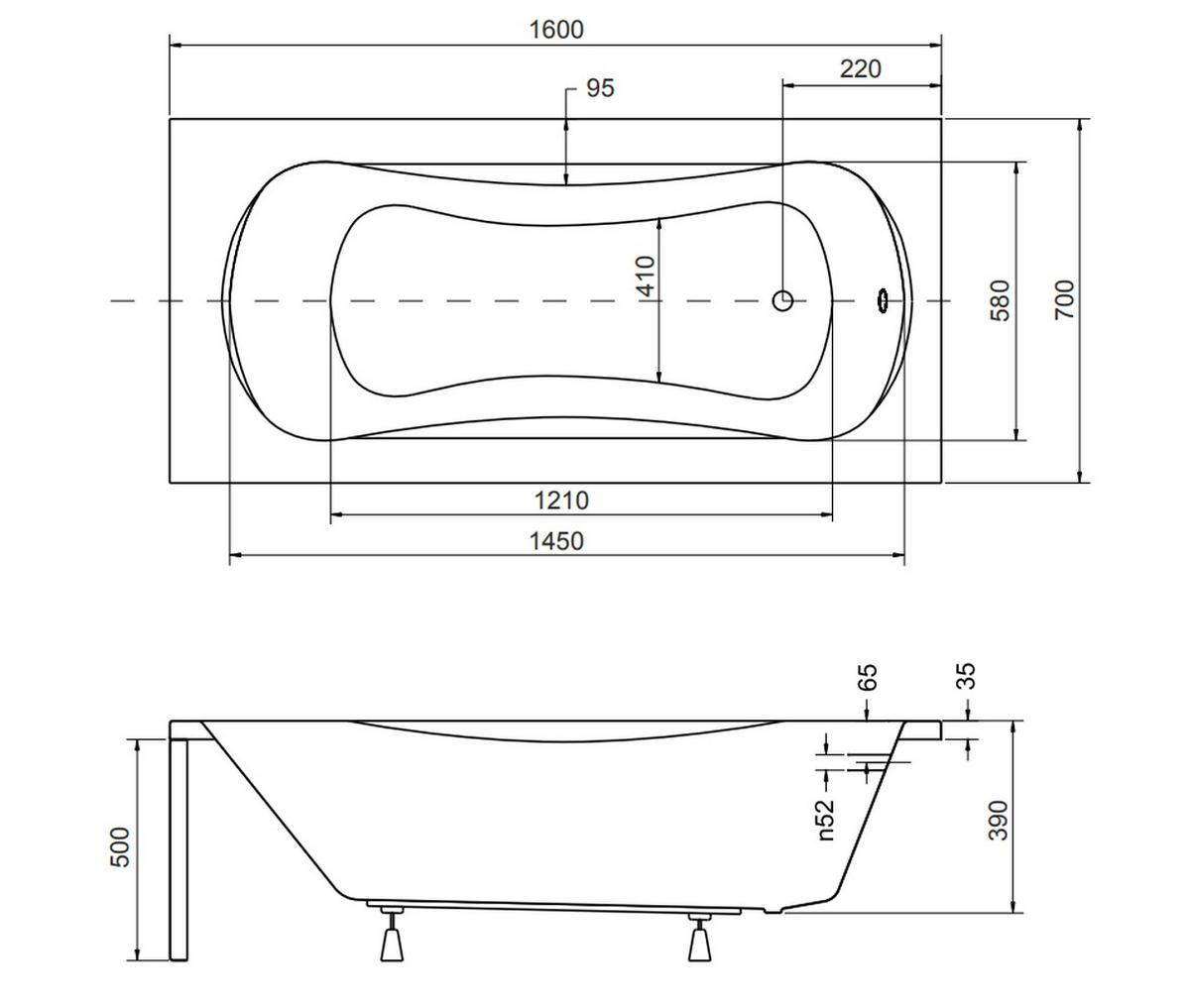 BADEWANNE Rechteck ARIA PLUS 160/70 mit Träger und Handgriffen Ablauf Füße - Weiß, Kunststoff (70/50/160cm) - bad land