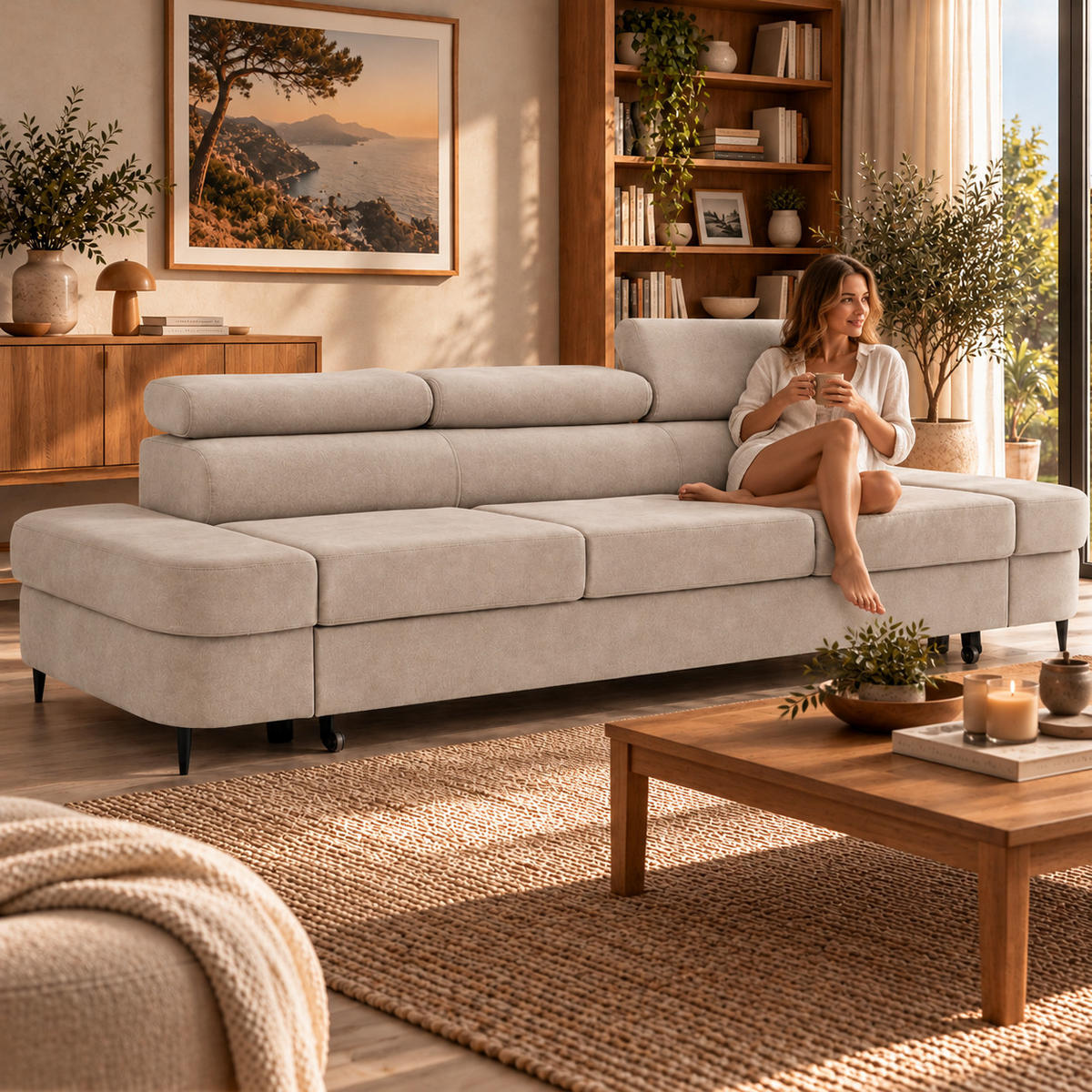 3-SITZER Sofa PRIAM mit Schlaffunktion 125x277 Velours Creme - Creme/Schwarz, Holz/Textil (278/95/102cm) - Muffo