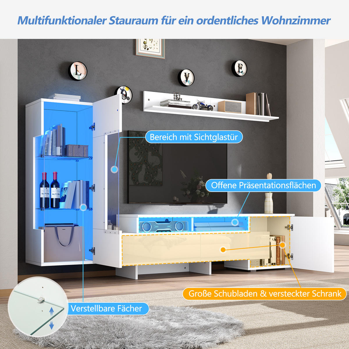 WOHNWAND 3-teilig LED Hochglanz Weiß TV Schrank - Weiß, Glas (170/45/35cm) - FLIEKS