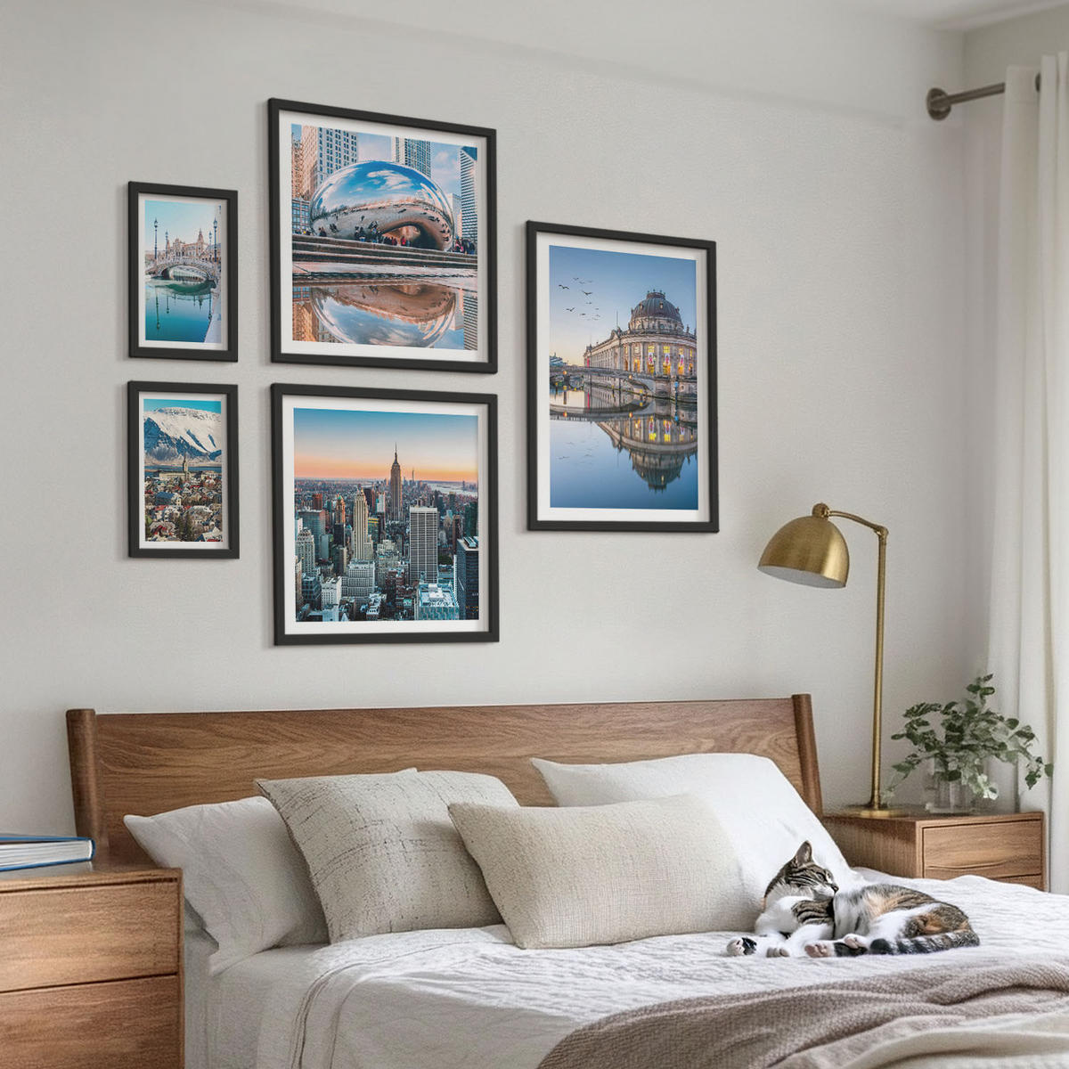 BILDER SET 5er Set - 50x50 cm & 20x30 cm & 40x60 cm Schwarzer Rahmen - Architektur von Städten am Wasser - Schwarz, Kunststoff (40/60cm) - TULUP