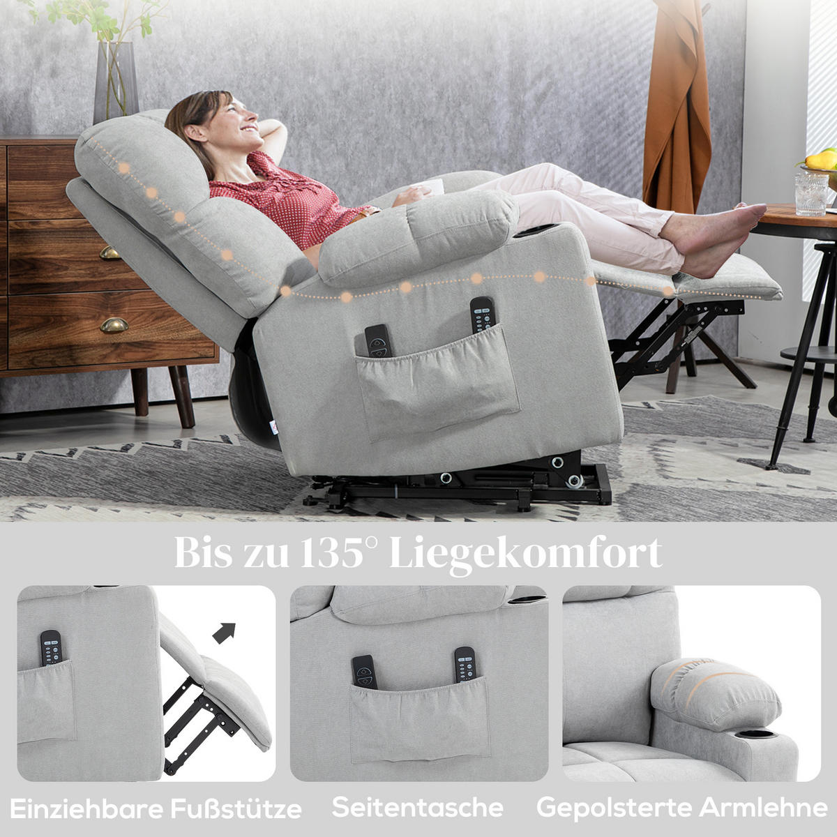 FERNSEHSESSEL mit Aufstehhilfe, Hellgrau - Hellgrau/Schwarz, Textil/Metall (95/109/91cm) - HOMCOM