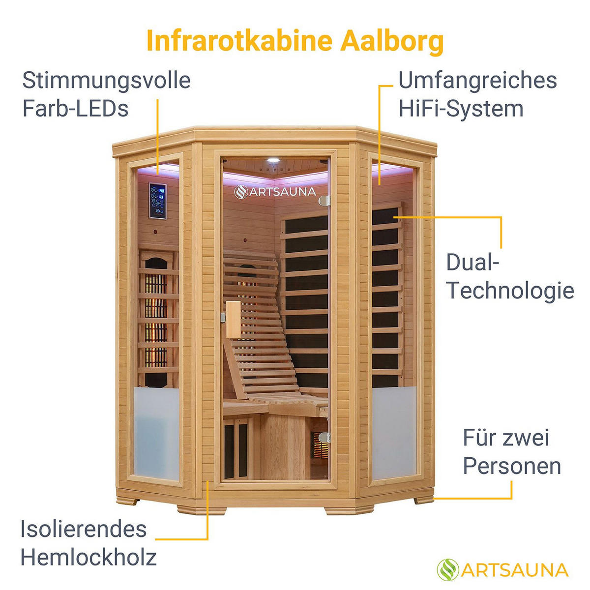 INFRAROTKABINE Aalborg mit Dual Technologie & Hemlockholz - Naturfarben, Holz (120/190/120cm) - Artsauna